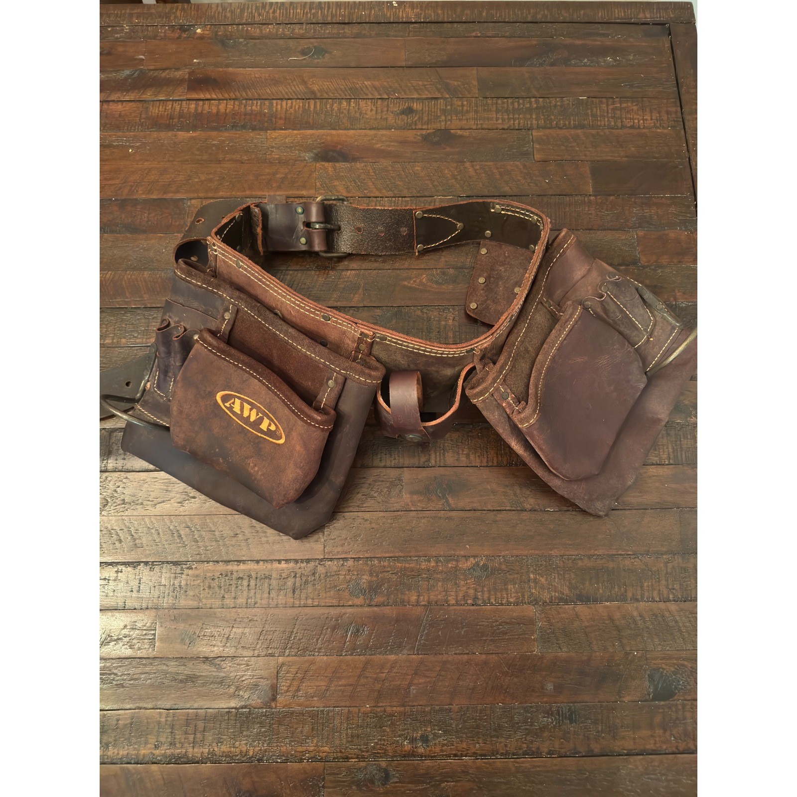 AWP Oil Tanned Leather Tool Belt Brown Heavy Duty Carpenter Construction Apron