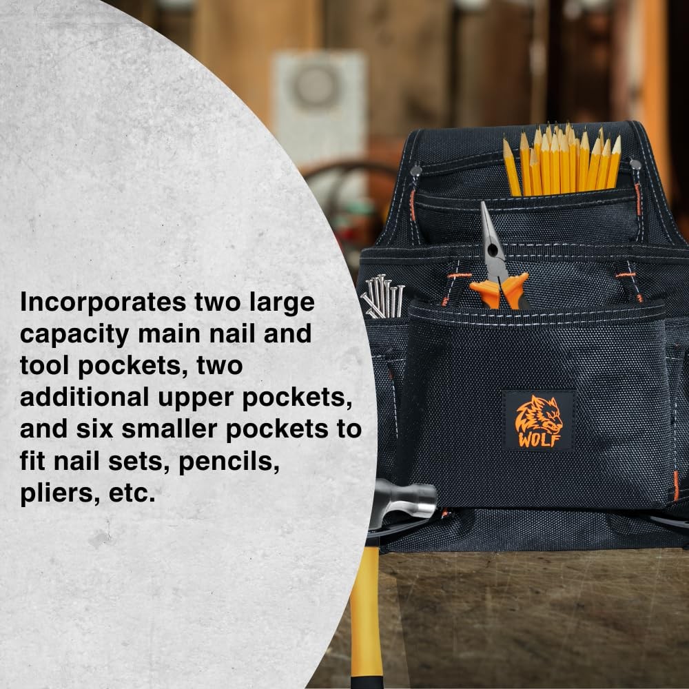 Carpenters Heavy Duty Ballistic 10Pocket Nail Tool Bag Handyman Contractor