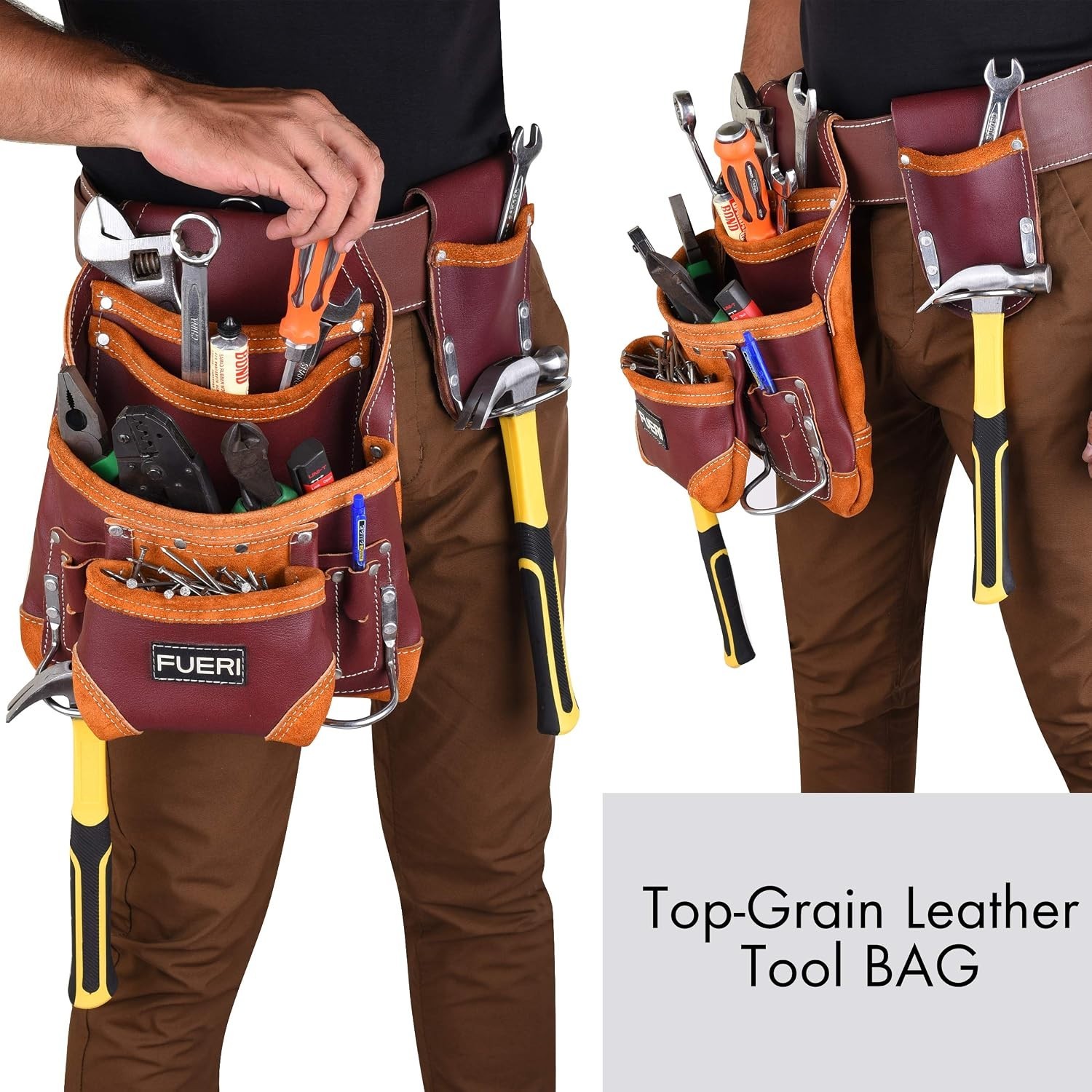 Durable Maroon Leather Tool Rig with Padded Comfort & 10 Organizational Pockets