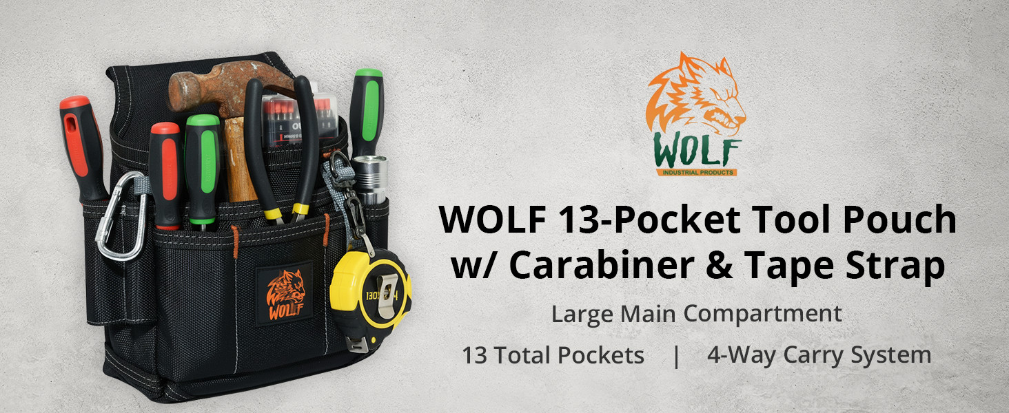 Wolf 13-Pocket Tool Pouch, Heavy-Duty Ballistic Nylon, Clip & Belt Loop, Black