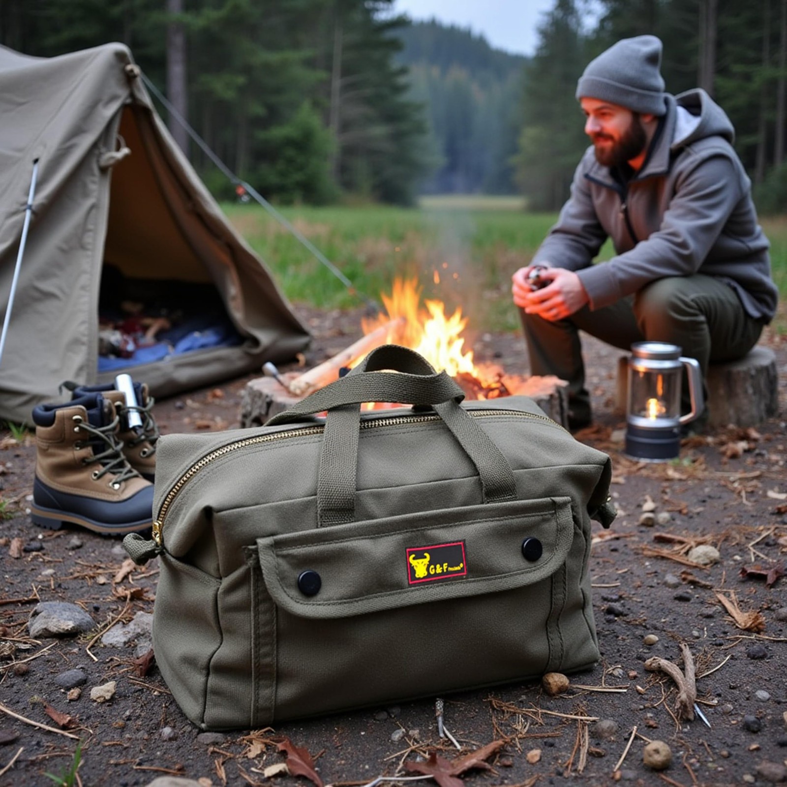 Waxed Canvas Military Duffle Bag, WaterResistant, Adjustable Strap, Double Zi…