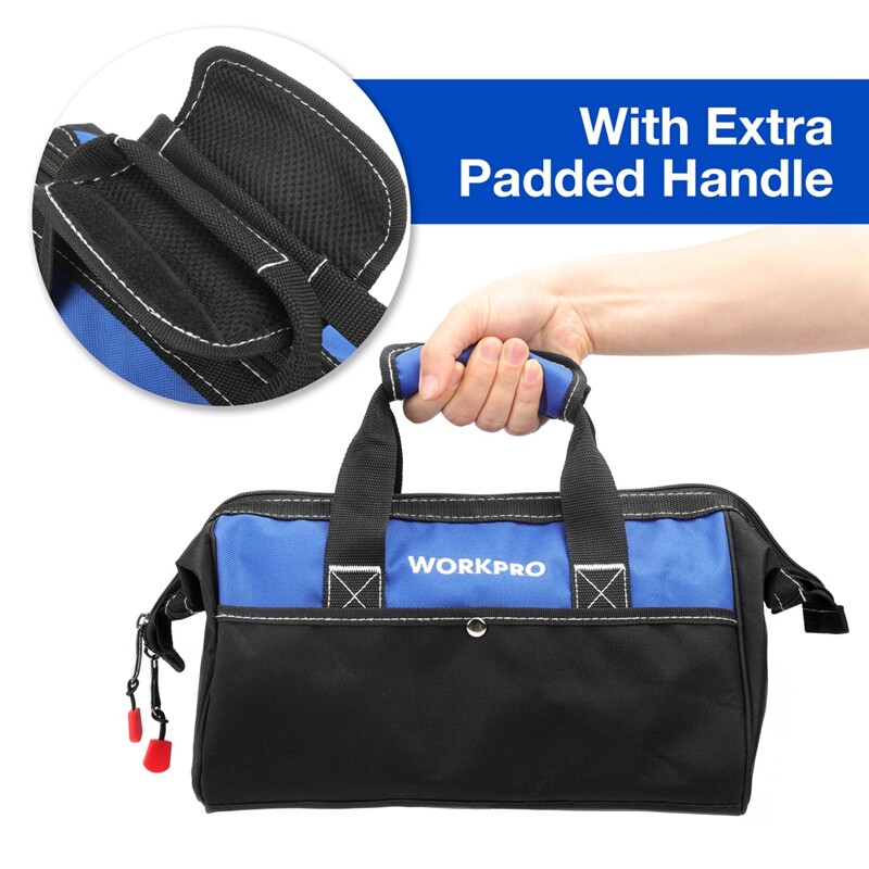 WORKPRO 13-in Tool Bag Wide Mouth Tool Tote Bag Inside Pockets Tool Storage Case