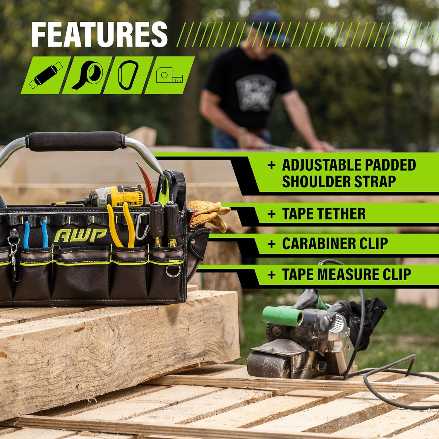 AWP Premium Durable Tool Bag Tote for Professionals and Contractors, Black