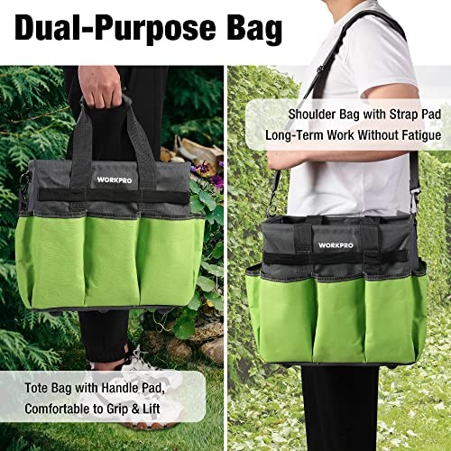 Garden Tool Bag, 10 Pockets and Shoulder Strap | Heavy Duty Gardening Green