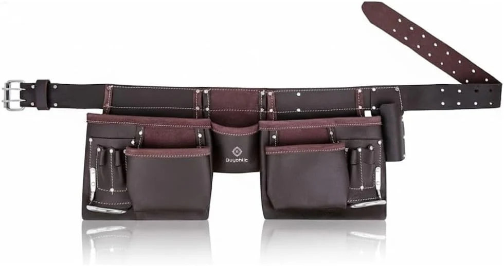Leather Tool Belt Pouch Bag, 12-Pocket Extra Large Carpenter Tool Belt-USA STOCK