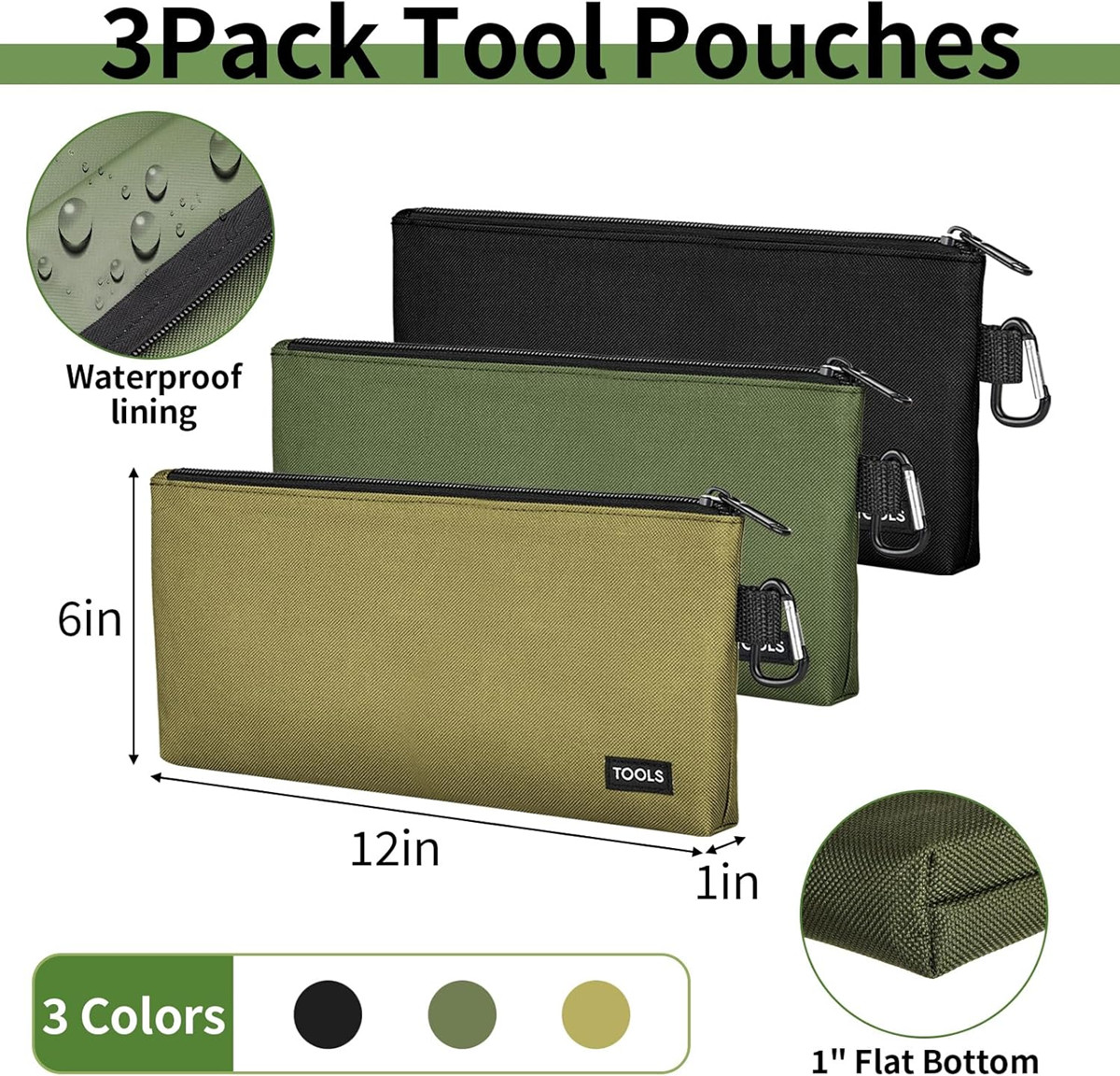 3 Pack Premium Tool Pouches Zipper Bag, Small Tools Bags with Carabiner, Heavy