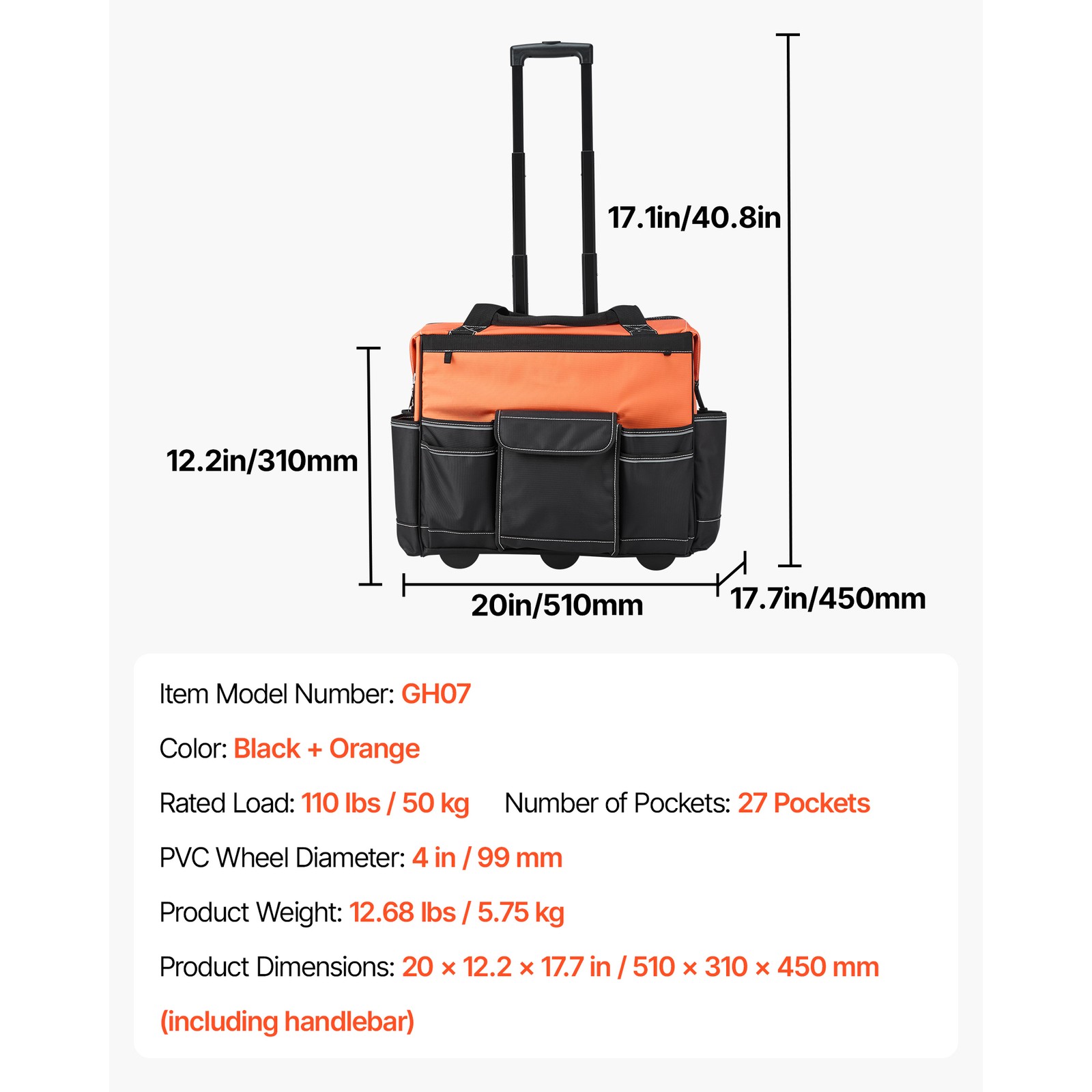 Uimoso Rolling Tool Bag 27 Pockets Heavy Duty 20″ Roller Tool Bag on Wheels