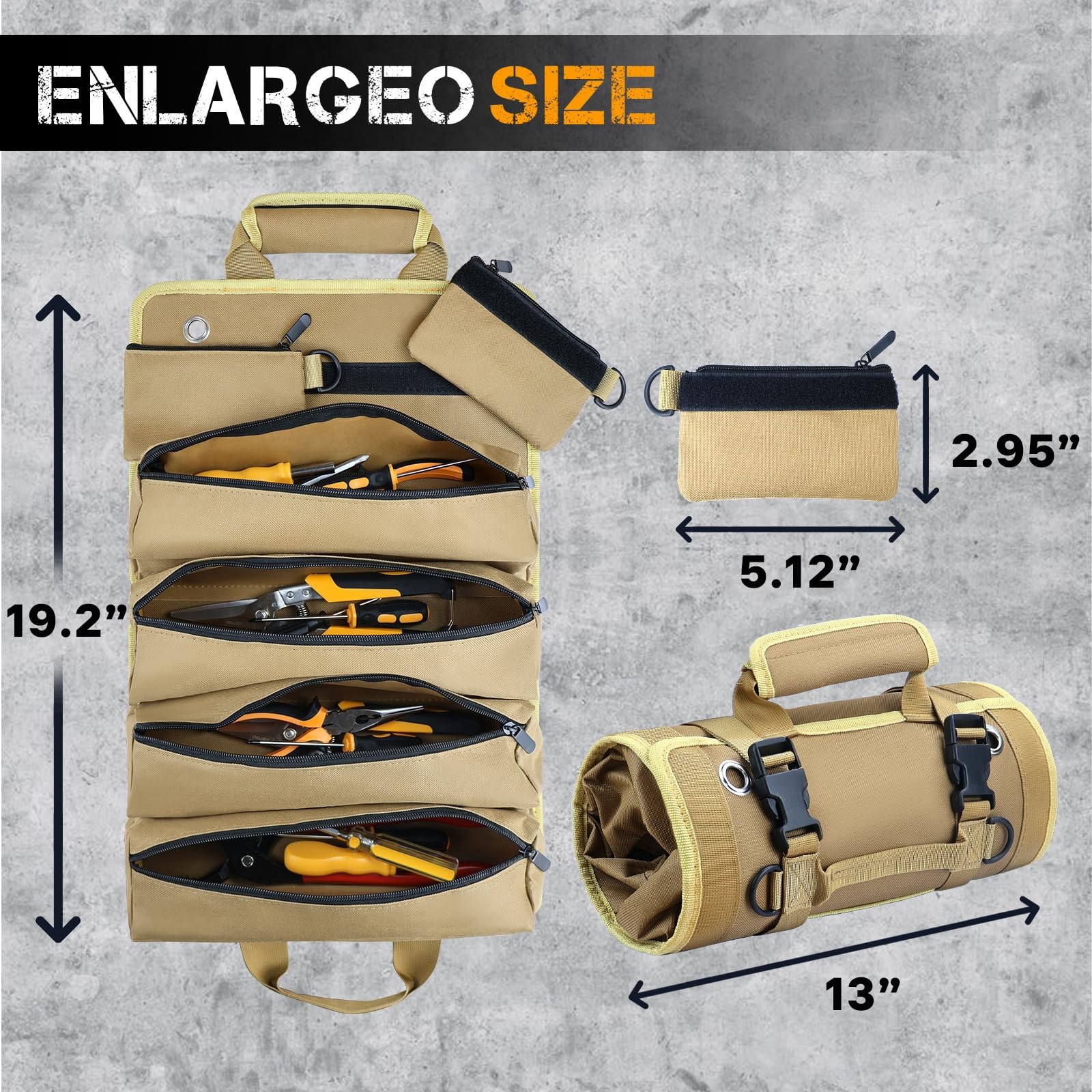 Heavy Duty Roll Up Tool Bag Organizer with Detachable Pouches Khaki