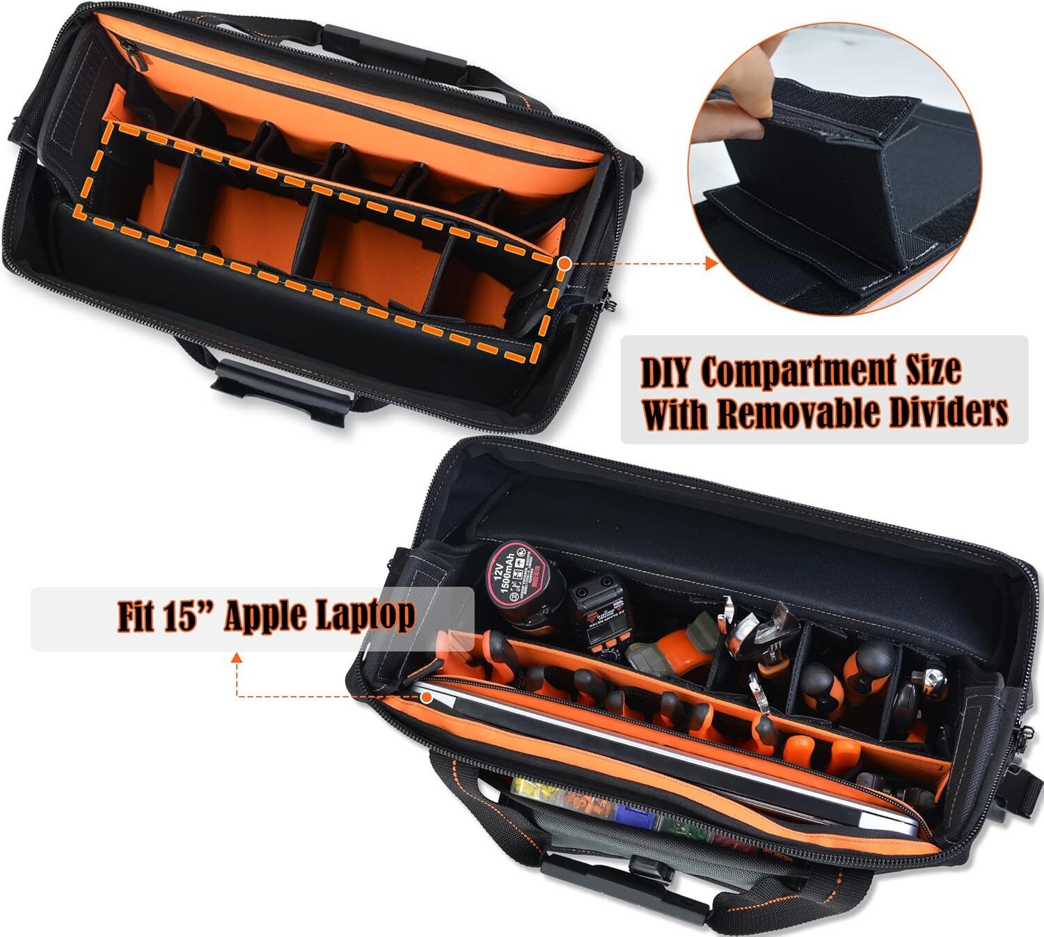 ✅ WELKINLAND 15-Pockets Electrician Tool Box Bag, Large – Open Black Orange ✅