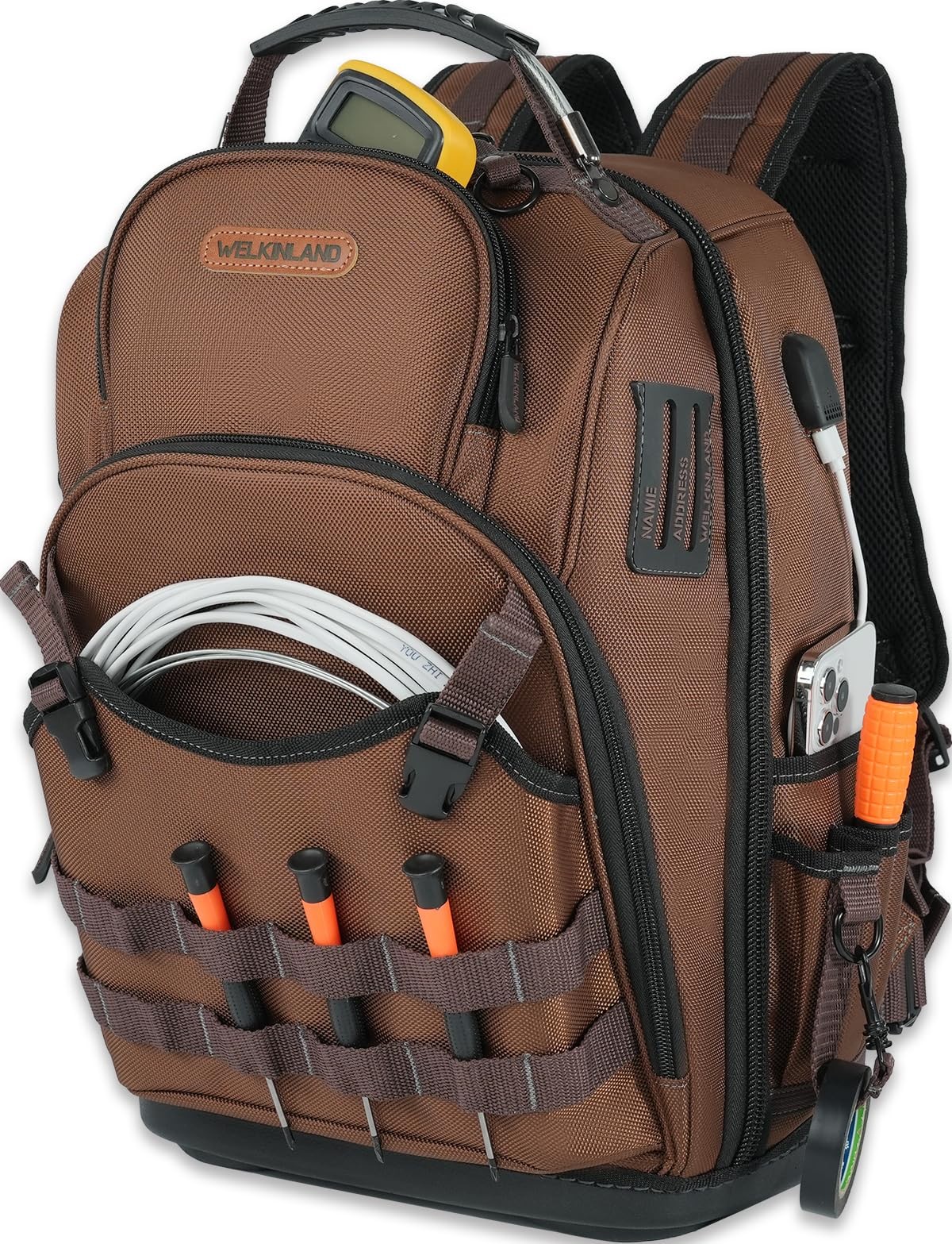 WELKINLAND-70Pockets HVAC Backpack, Heavy-Duty Electrician Tool Brown & Black