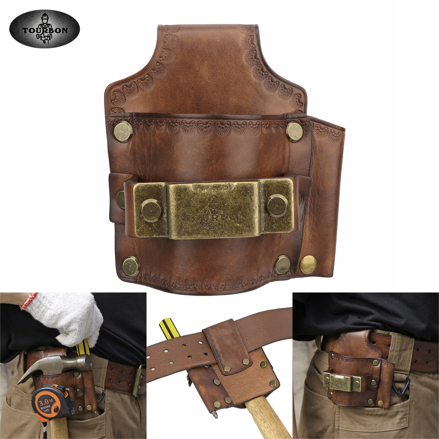 TOURBON Leather Tool Belt Pouch Hammer Tape Measure Pencil Holder 3-in-1 Pocket