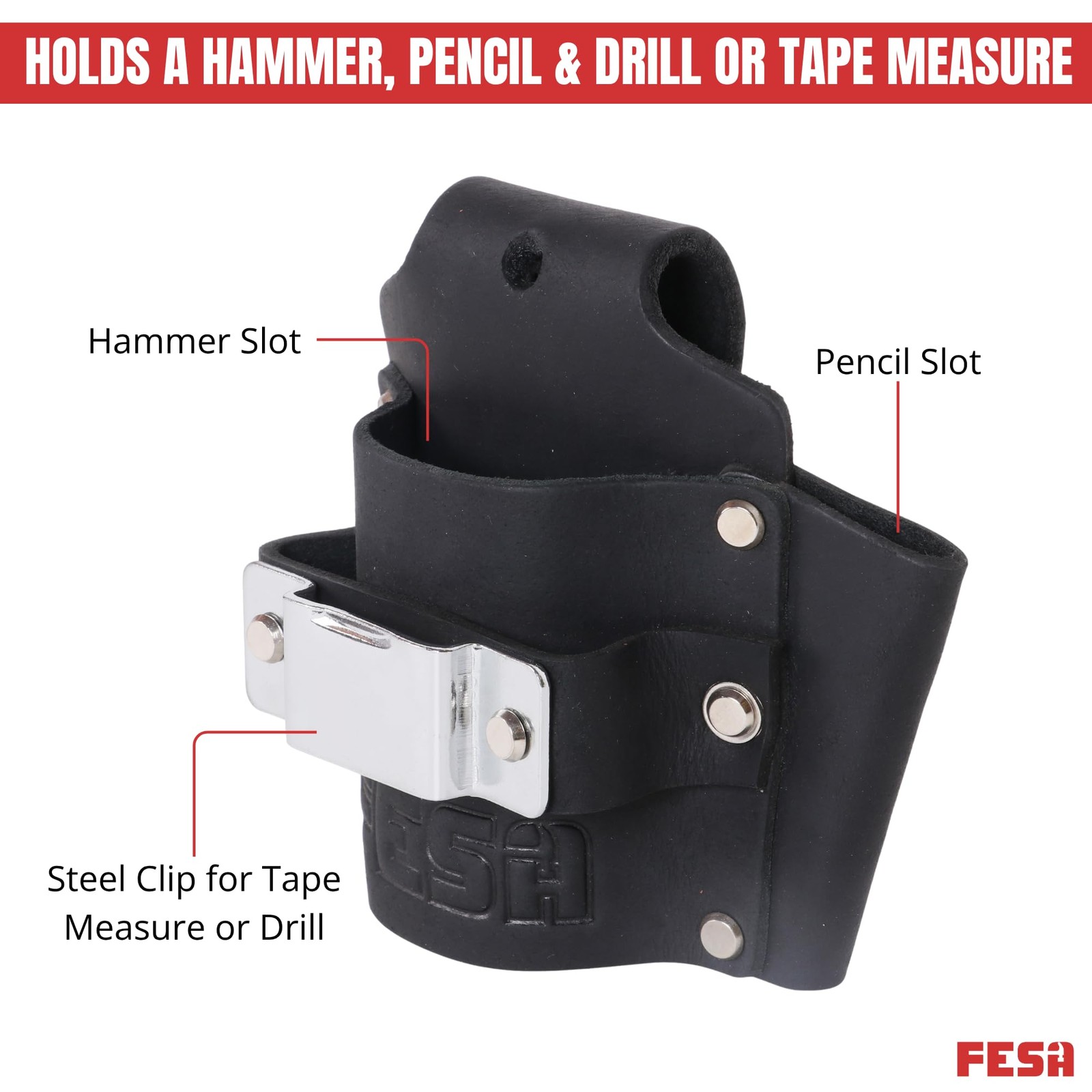 Leather Tape Measure Drill Holder Tool Belt Steel Clip Pencil Pocket Rivets