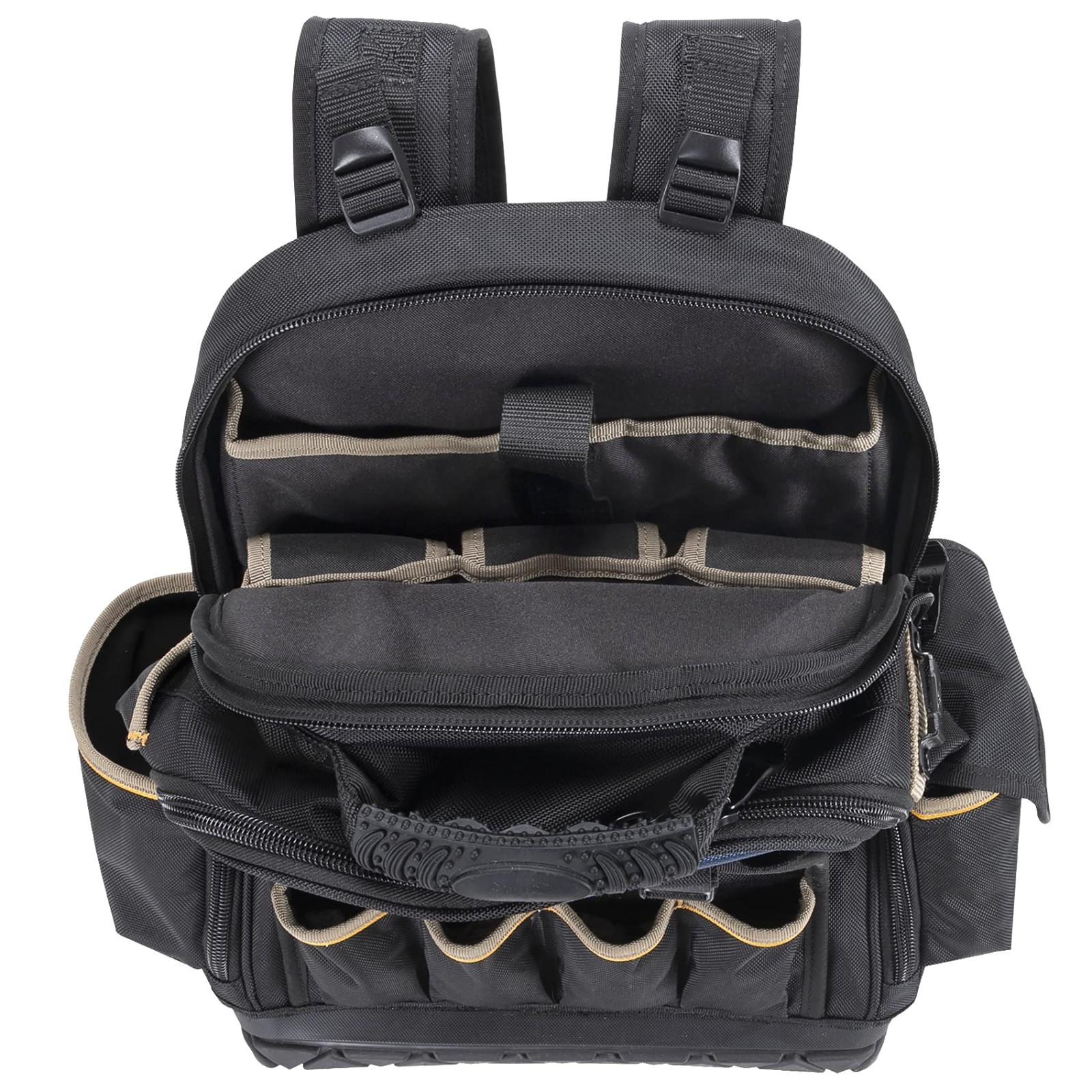 38 Pocket Tool Backpack with Molded Base – Durable Work Gear, Black/Blue