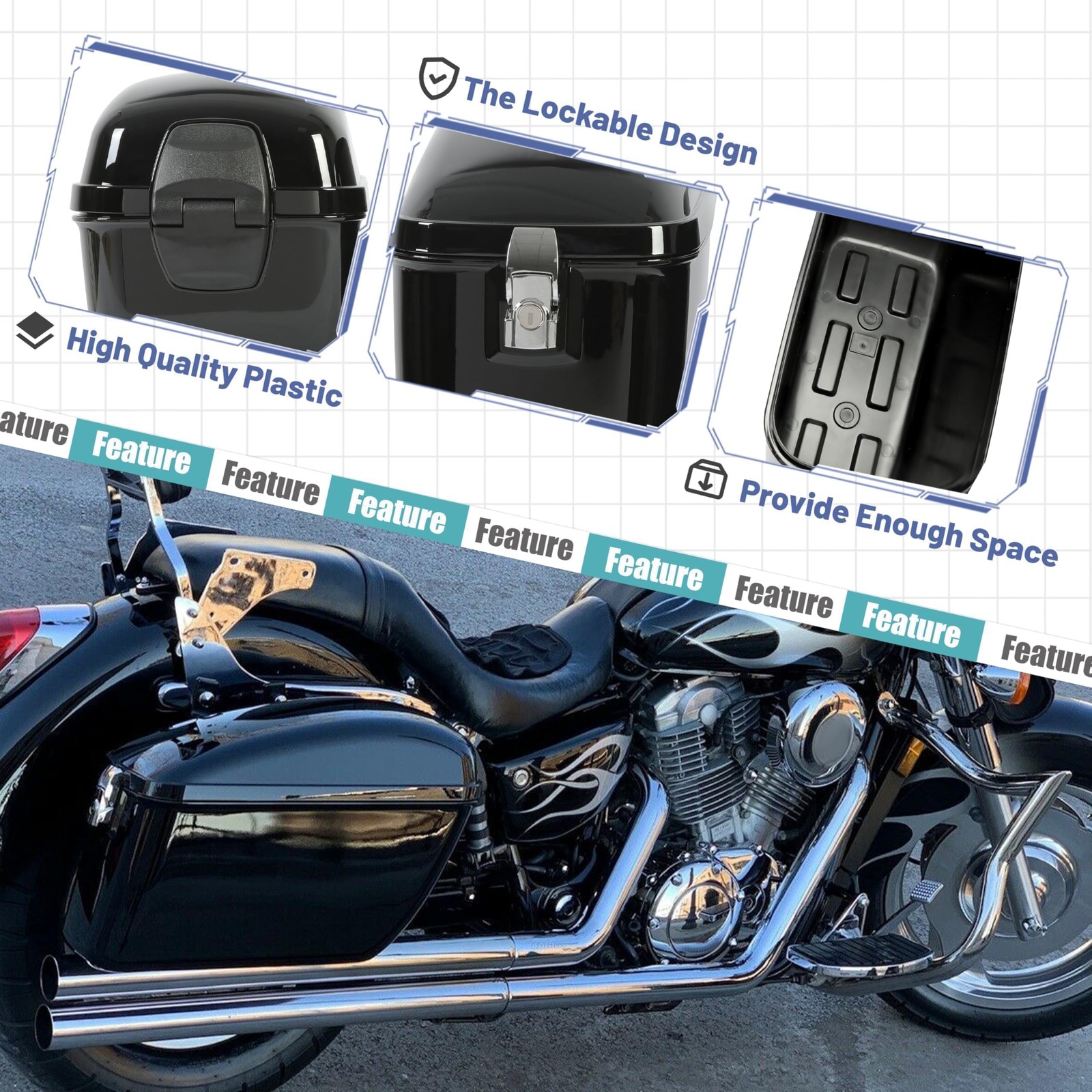 ECOTRIC Large 60L Motorcycle Hard Saddle Bags W/brackets Compatible