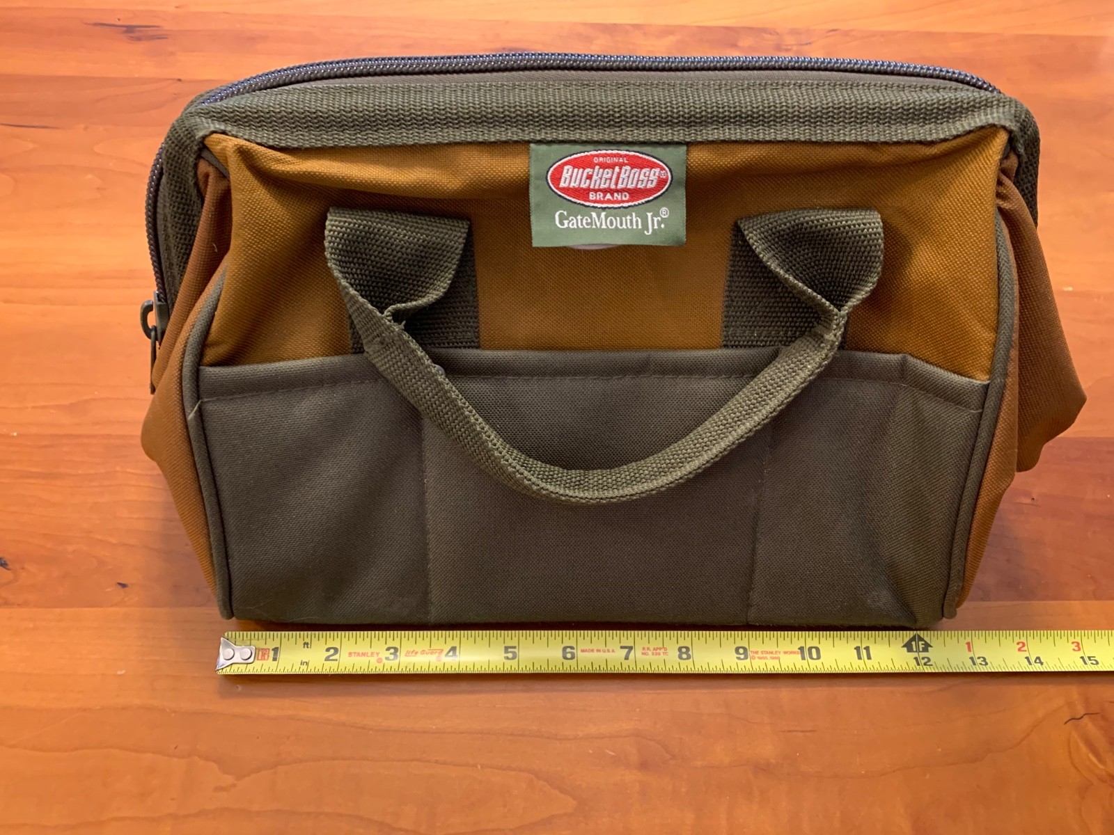Bucket Boss Gate Mouth Jr. 13″ Brown & Green Canvas Zippered Tool Bag / Tote