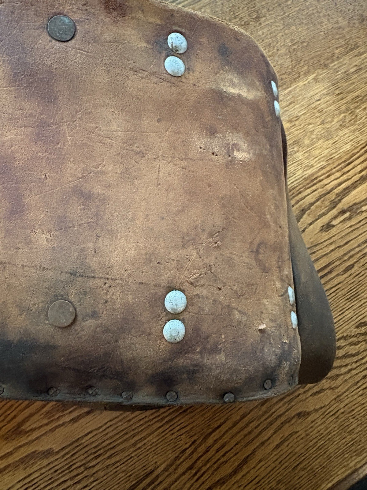 Early 20th century industrial riveted & stitched mechanic Leather Wood tool bag
