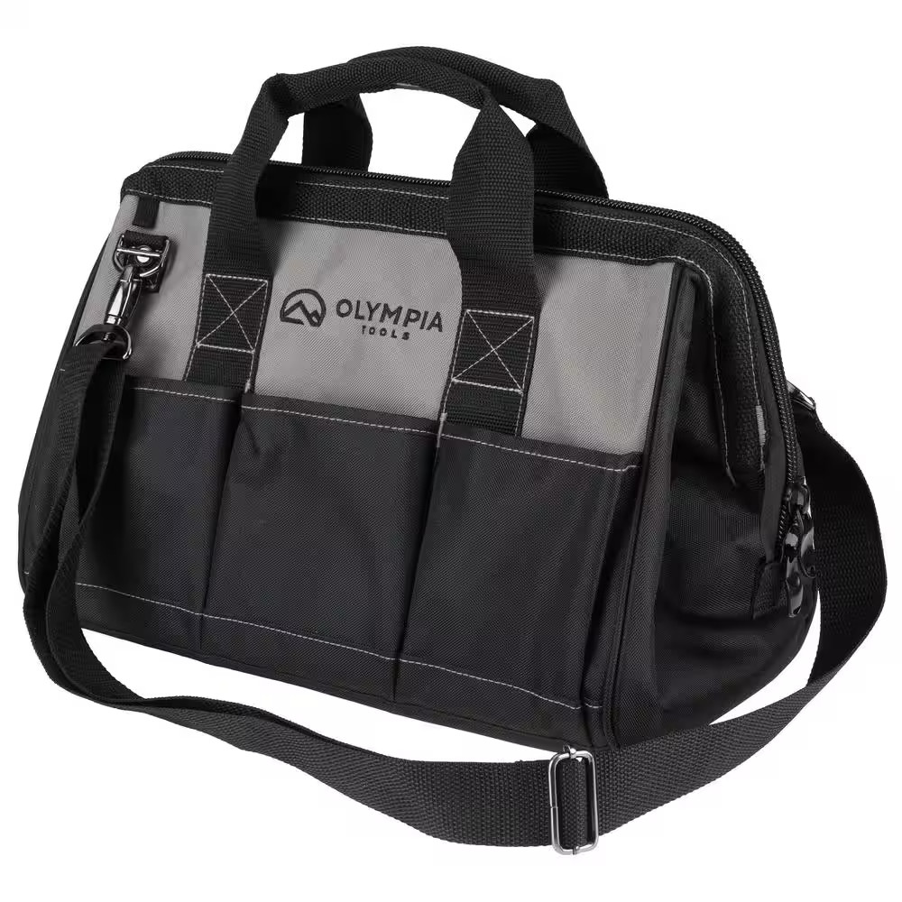 12 In. Black Water-Resistant Tool Bag with Dual Zipper, Adjustable Shoulder Stra
