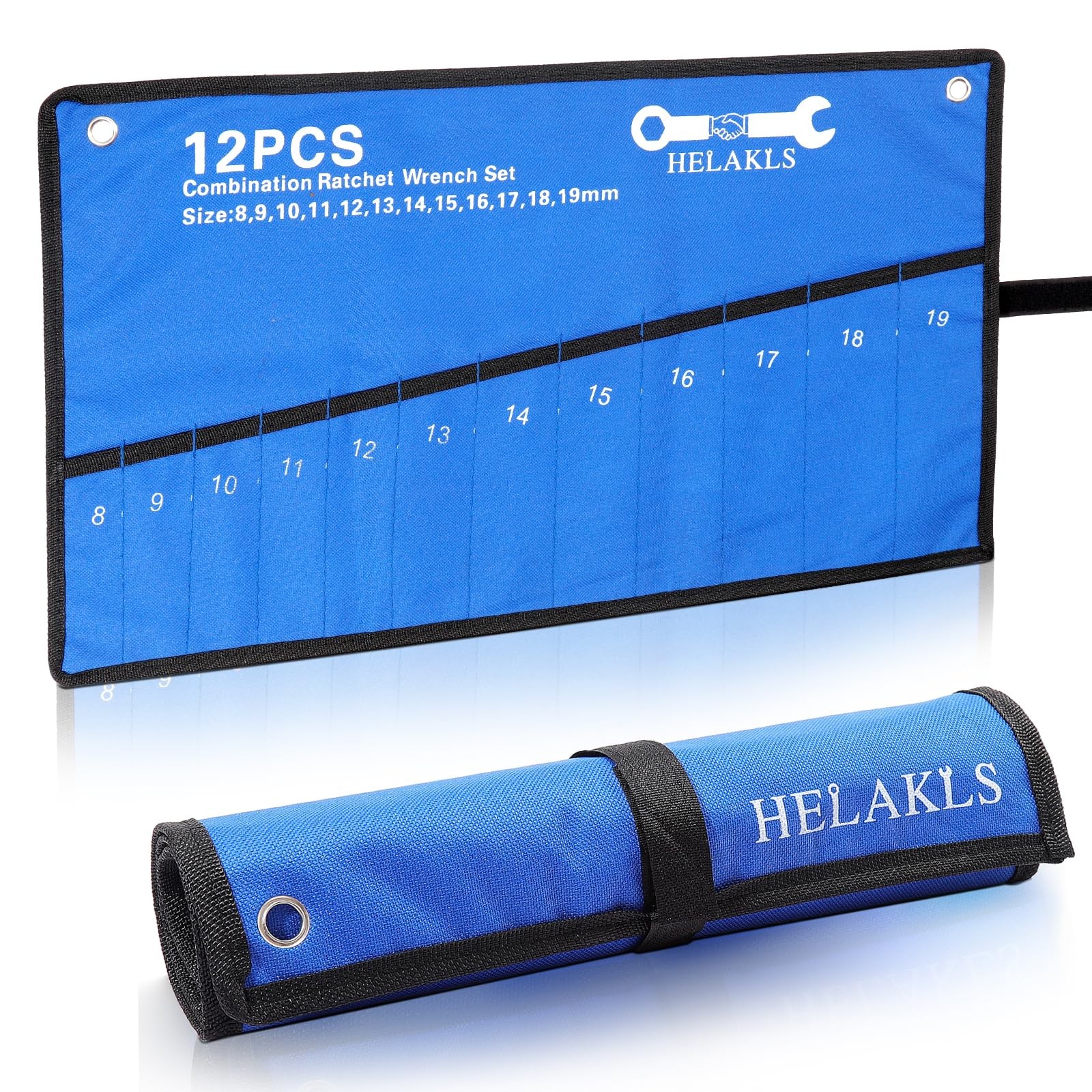 HELAKLS Wrench Tool Roll Up Pouch Metric 12 Pocket (8-19mm) Blue