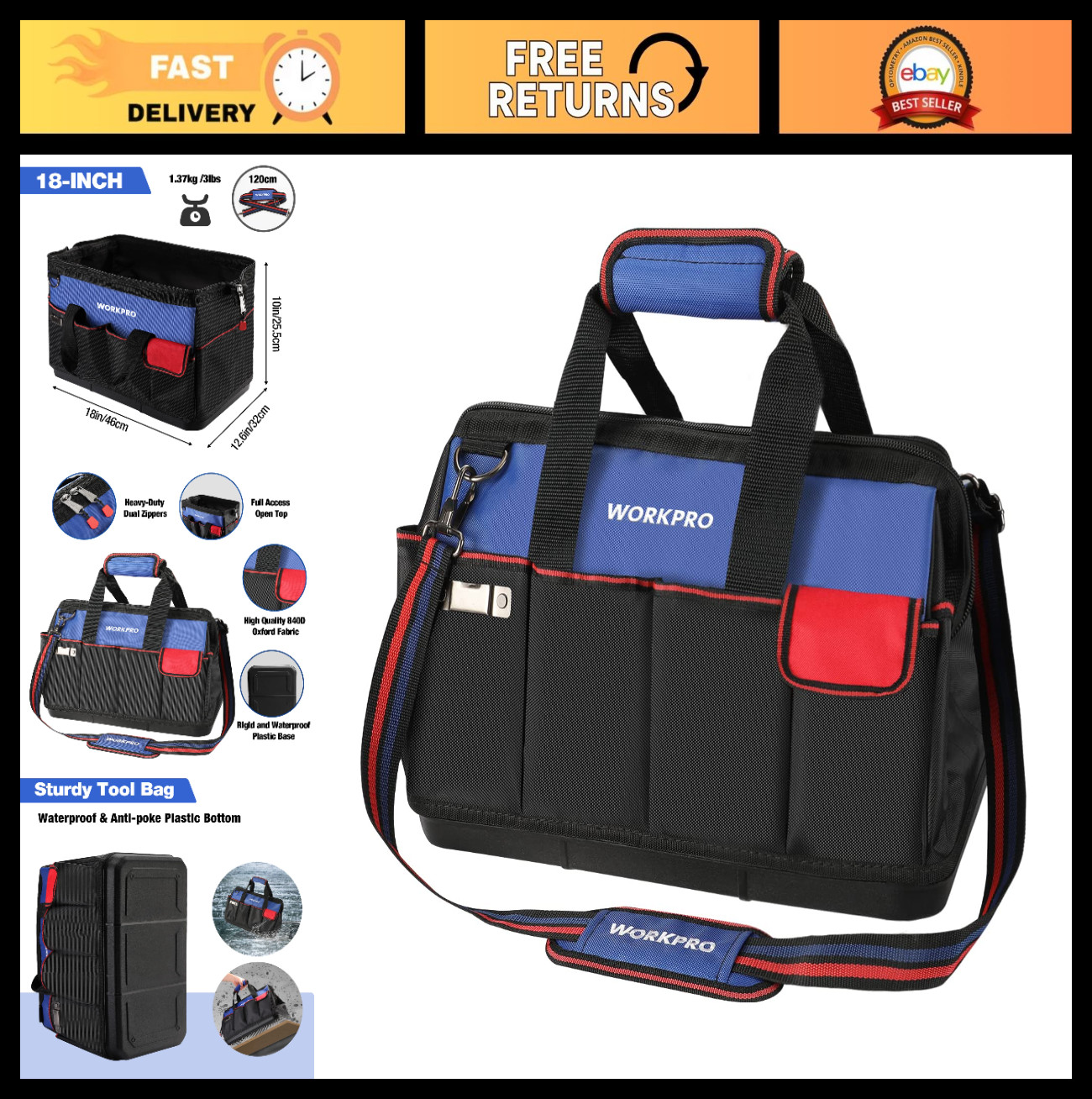 18″ Waterproof Tool Bag – Open Top Organizer with 20 Pockets & Adjustable Strap