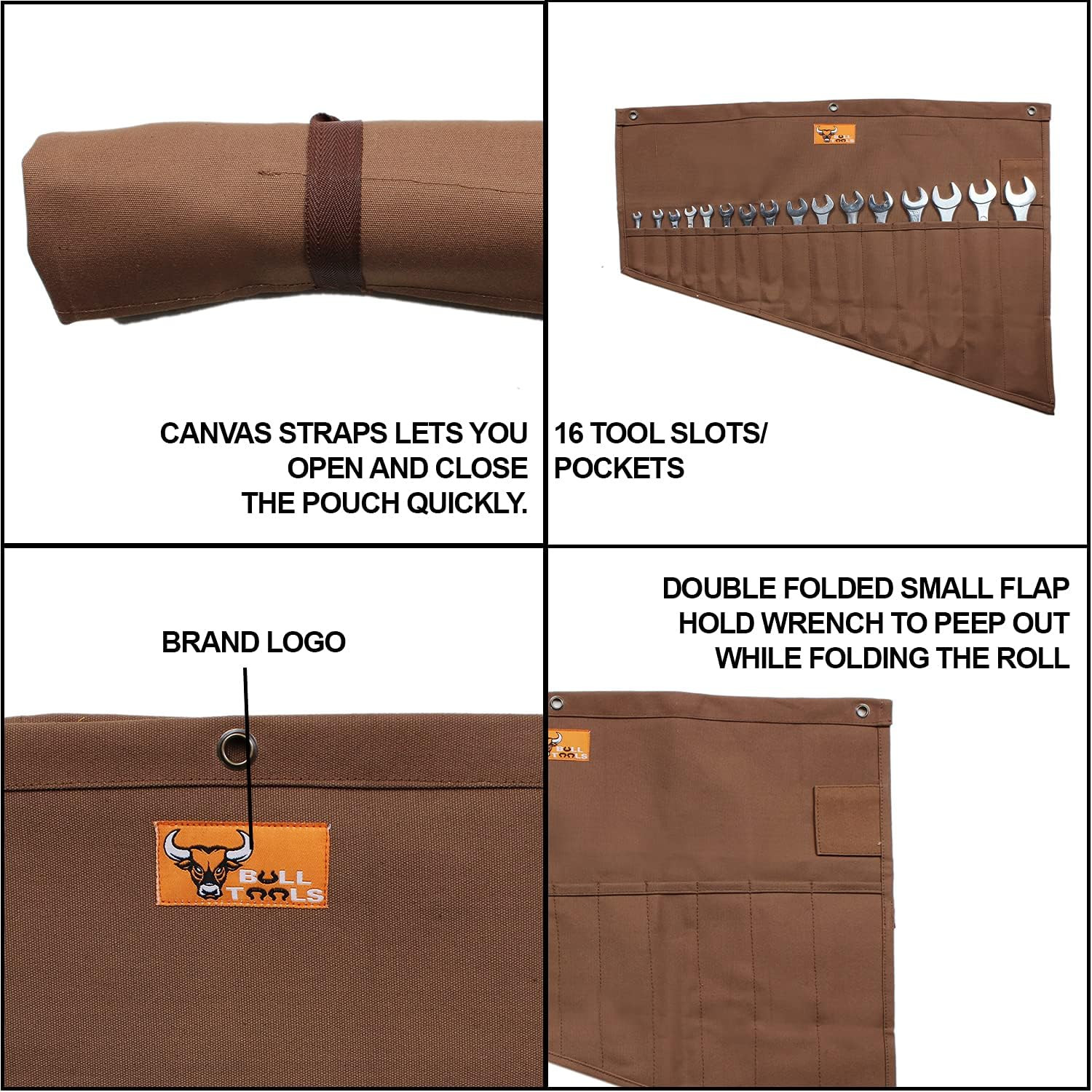 BULL TOOLS Roll up Tool Bag Organizer 16 Pockets Metric & SAE Wrench Organizer H