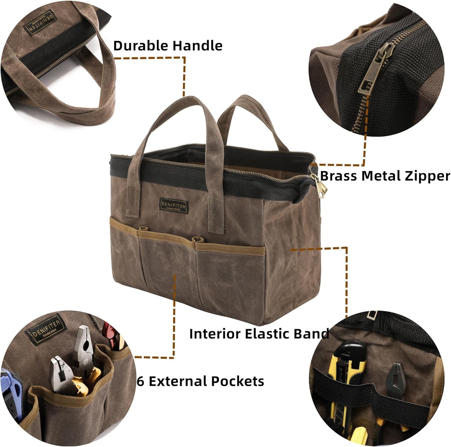 Tool Bag 13in Heavy Duty 16oz Waxed Canvas, Wide Mouth Water-Resistant