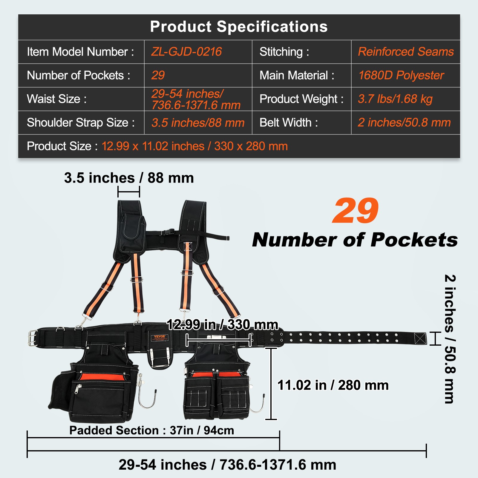 VEVOR Tool Belt with Suspenders Adjustable Carpenter Tool Pouch 1680D Polyester