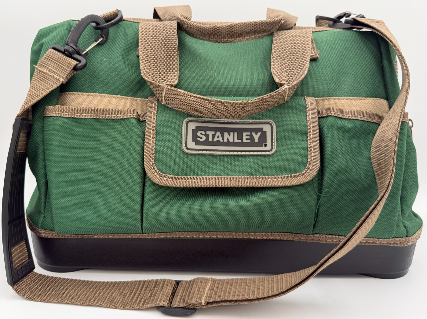 Stanley 16 inch Open Mouth Tool Bag W/ Shoulder Strap Green Hard Bottom Rare