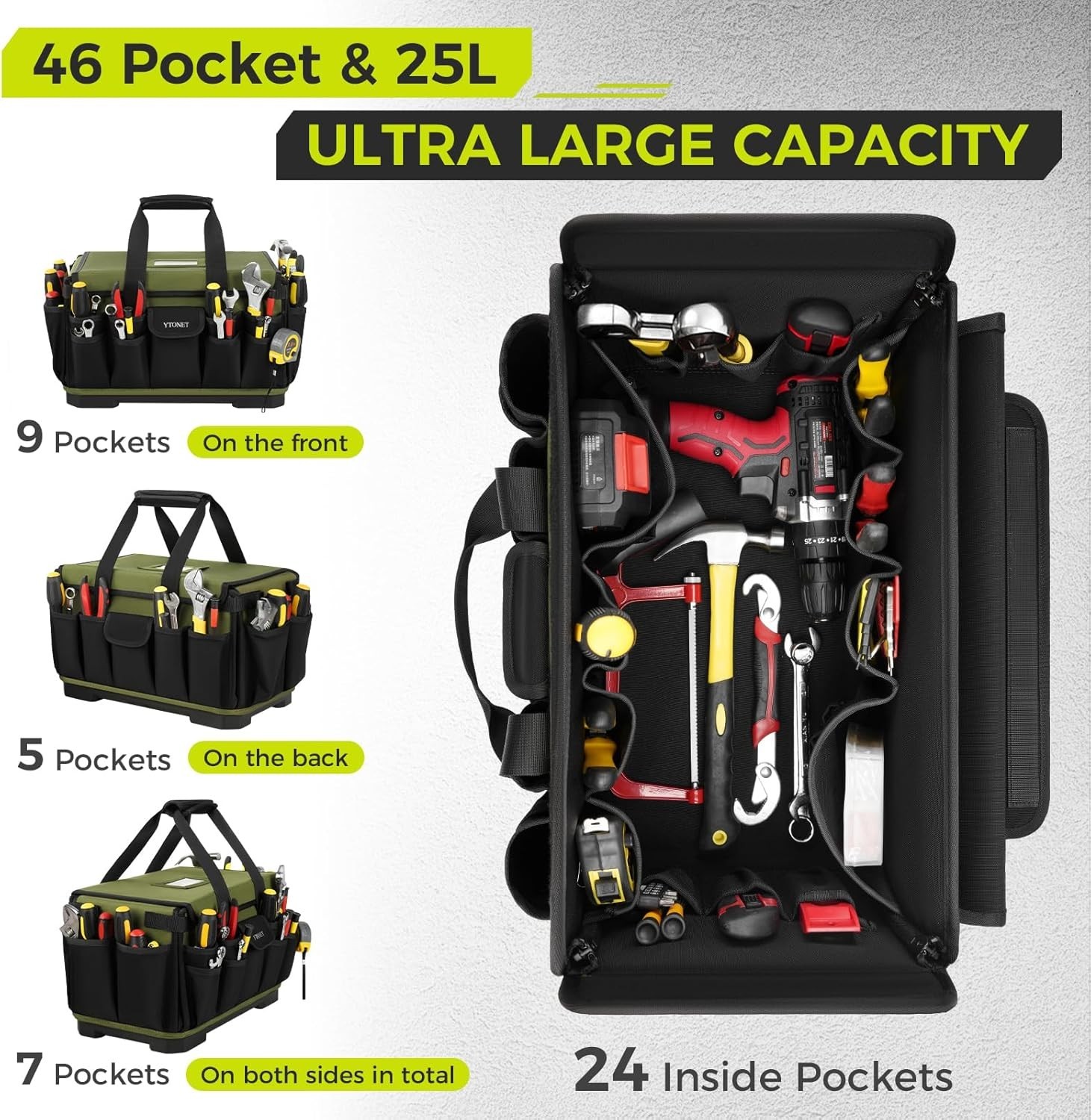 16-Inch Heavy Duty Electrician Tool Bag, 46 Pockets