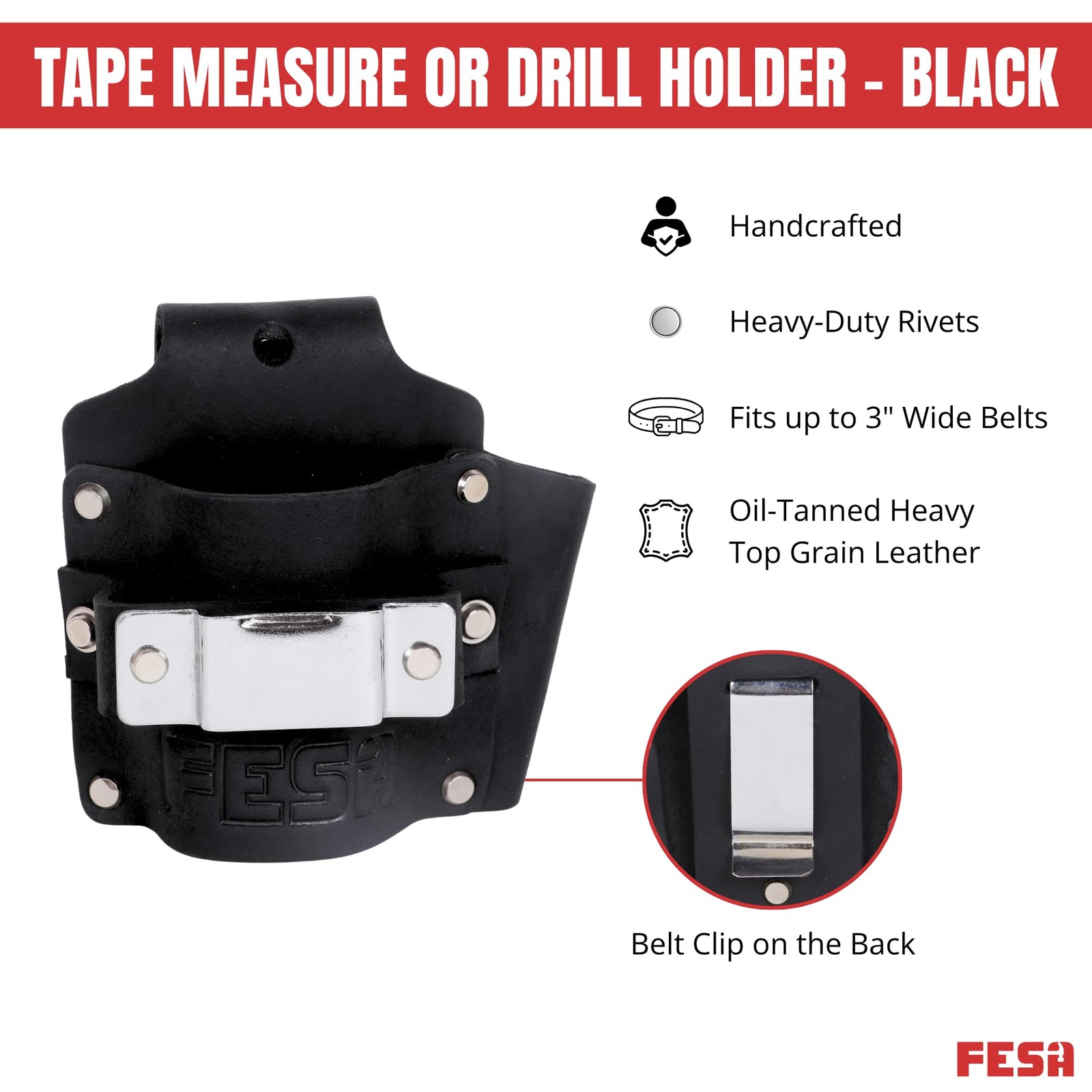 Leather Tape Measure Drill Holder Tool Belt Steel Clip Pencil Pocket Rivets