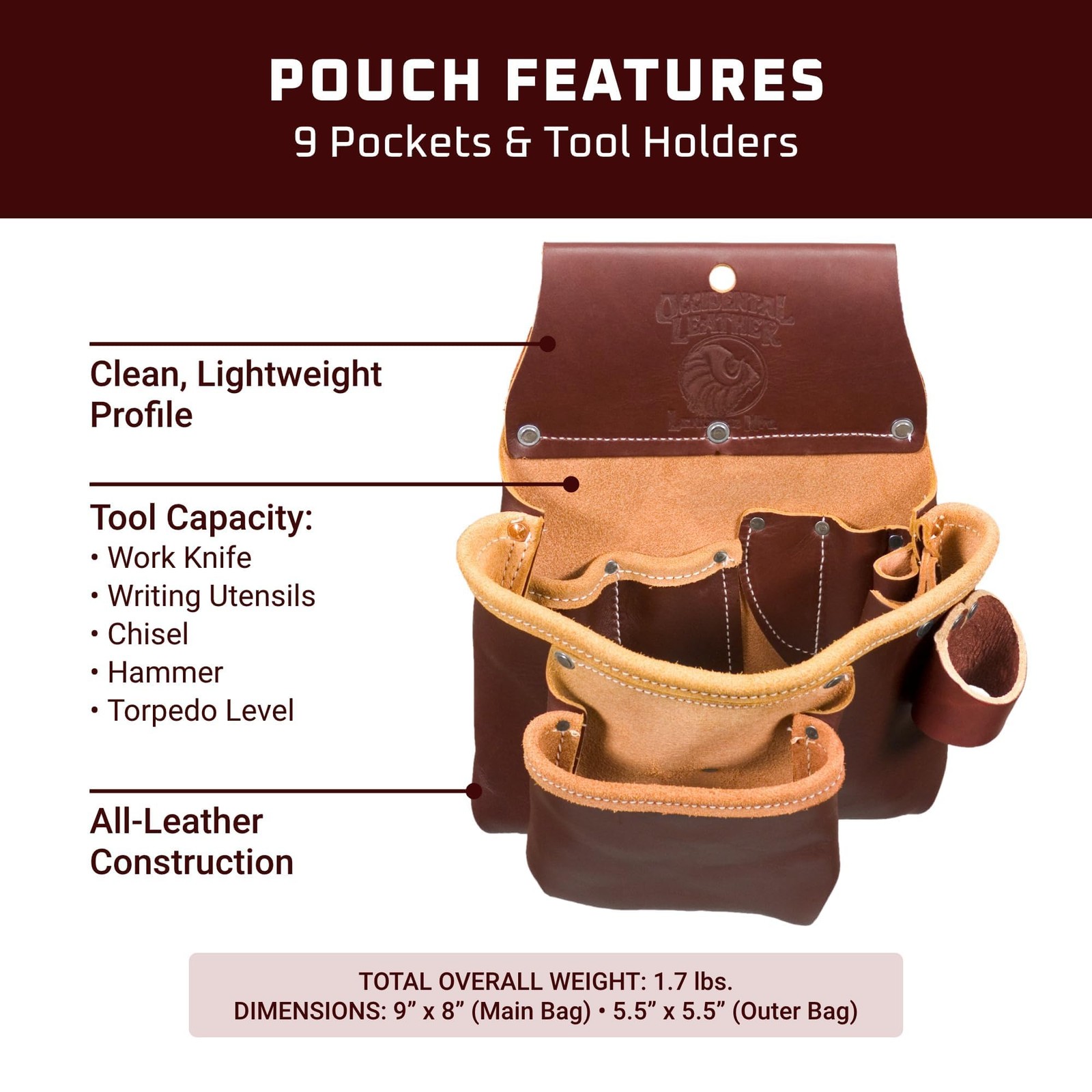 Occidental Leather 2 Pouch Pro Tool Bag – 9 Pockets Tool Holders – Made in USA