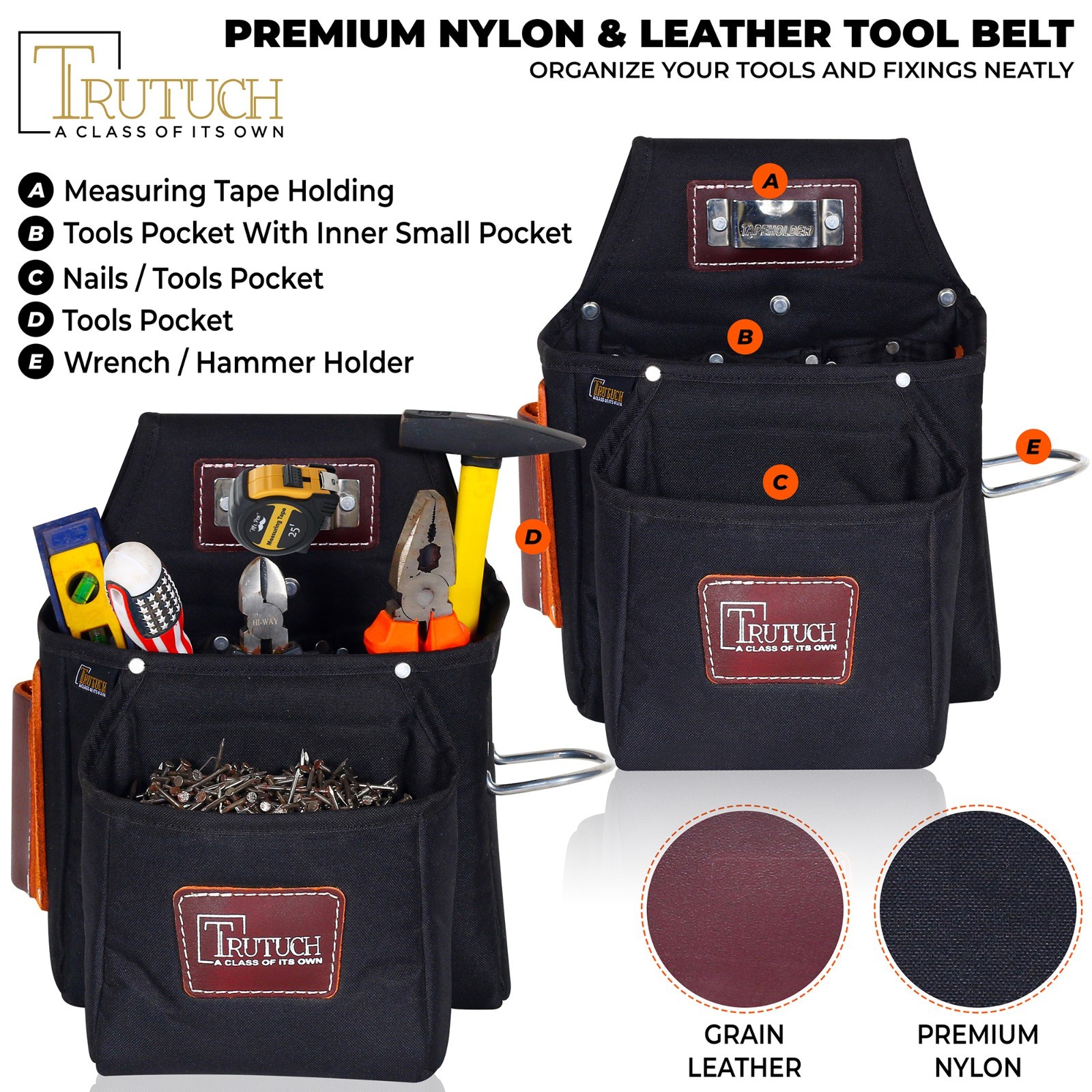 TRUTUCH Nylon and Leather Tool Belt with Leather Work Suspender | Construction