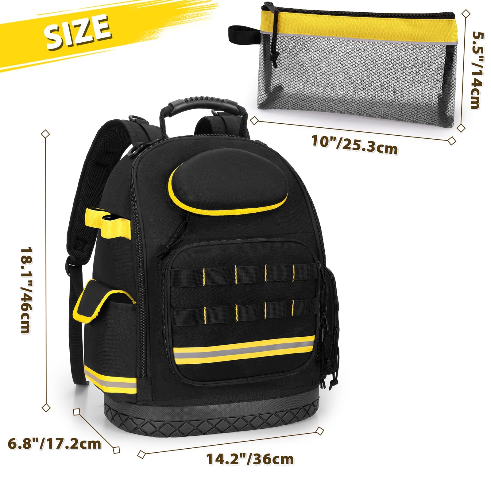 Trahzia Tool Backpack with Hard Bottom, Tool Bag with 3 Clear Pouches