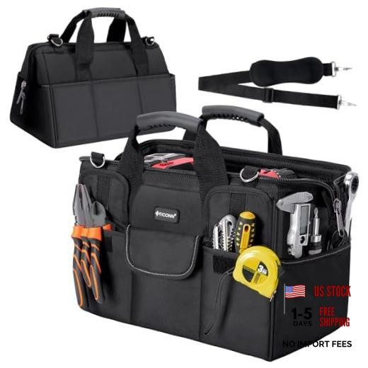 Heavy Duty Tool Bag with Multi-Pockets, Portable Tool 16″ Standard Base Black