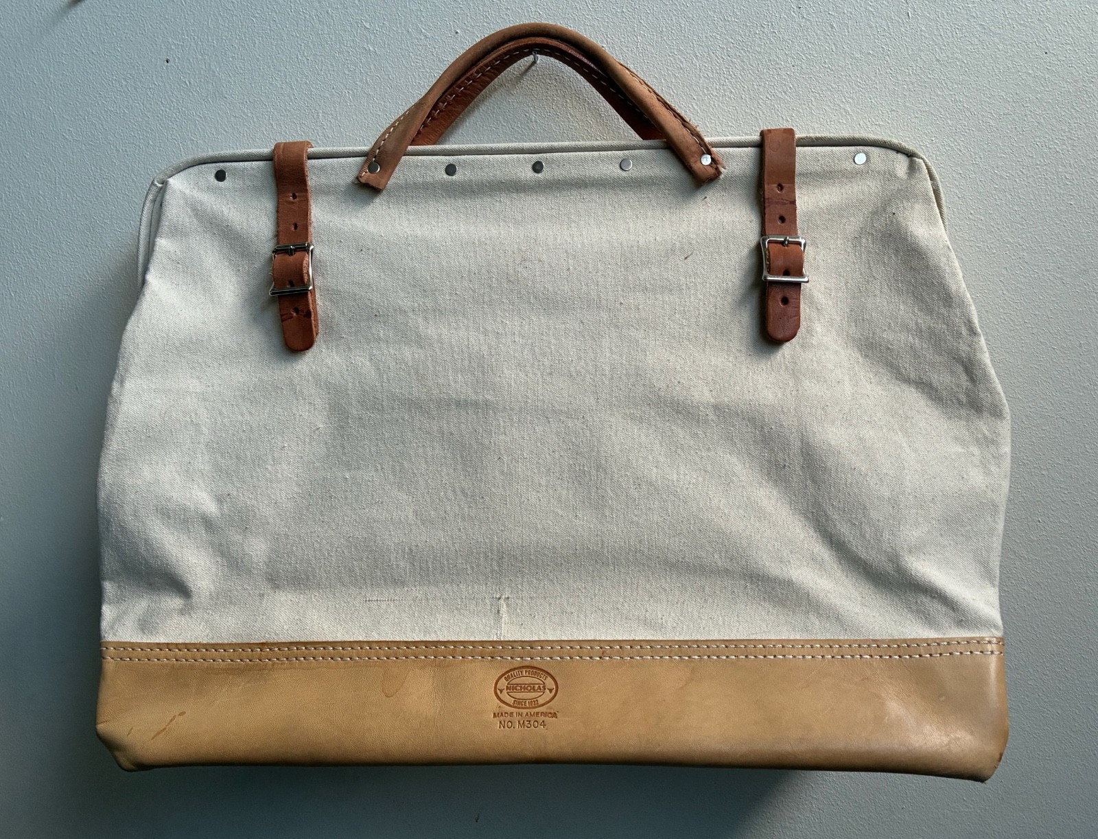 Vintage Nicholas M304 Mason Linesman Tool Bag Canvas Leather Made in USA