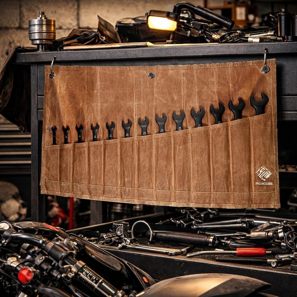 Waxed Canvas Tool Pouch Roll-Up Organizer for Hand Tools & Wrenches, 12 Pockets
