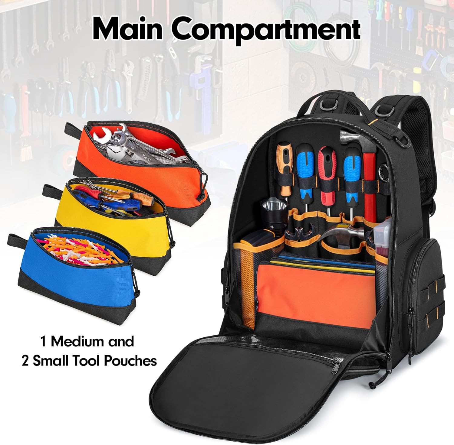 Tool Bag Backpack with 3 Tool Zipper Pouch, Tool Organizer Bag for Men with Padd