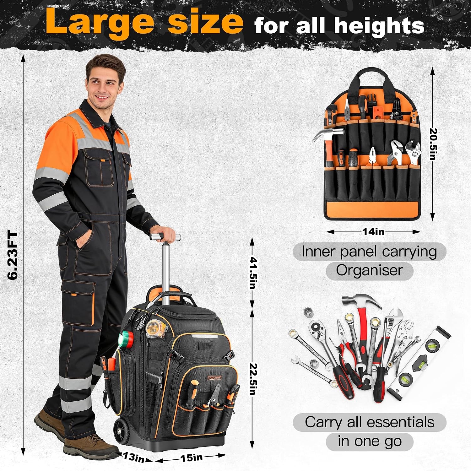 Tool Backpack with Wheels Rolling Organizer Combination Lock