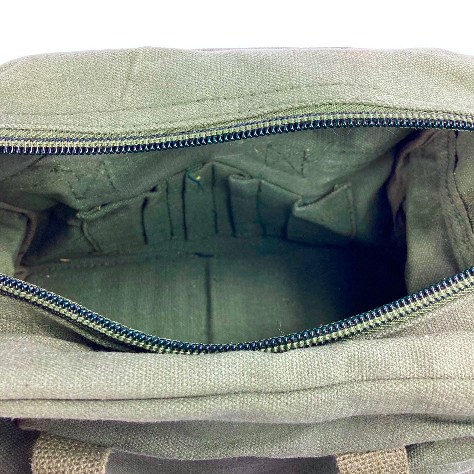 Green Canvas Tool Bag with side snap pocket reinforced bottom & zipper closure