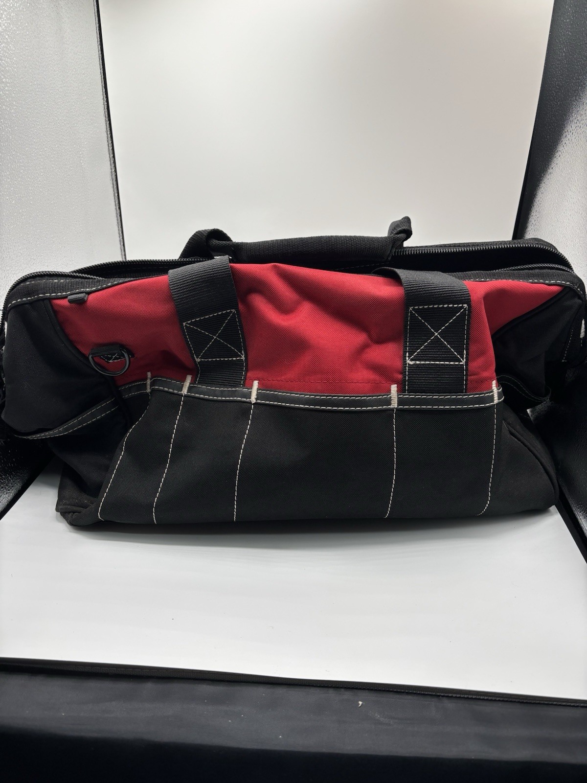 Husky Tool Bag Fabric Black Red Adjustable Strap Multiple 15 Pockets 20”