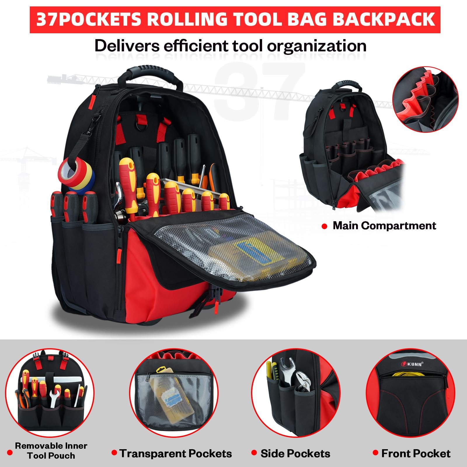 Kunn Rolling Tool Backpack Wheels Heavy Duty 37-Pocket Roller Tool Bag Backpack