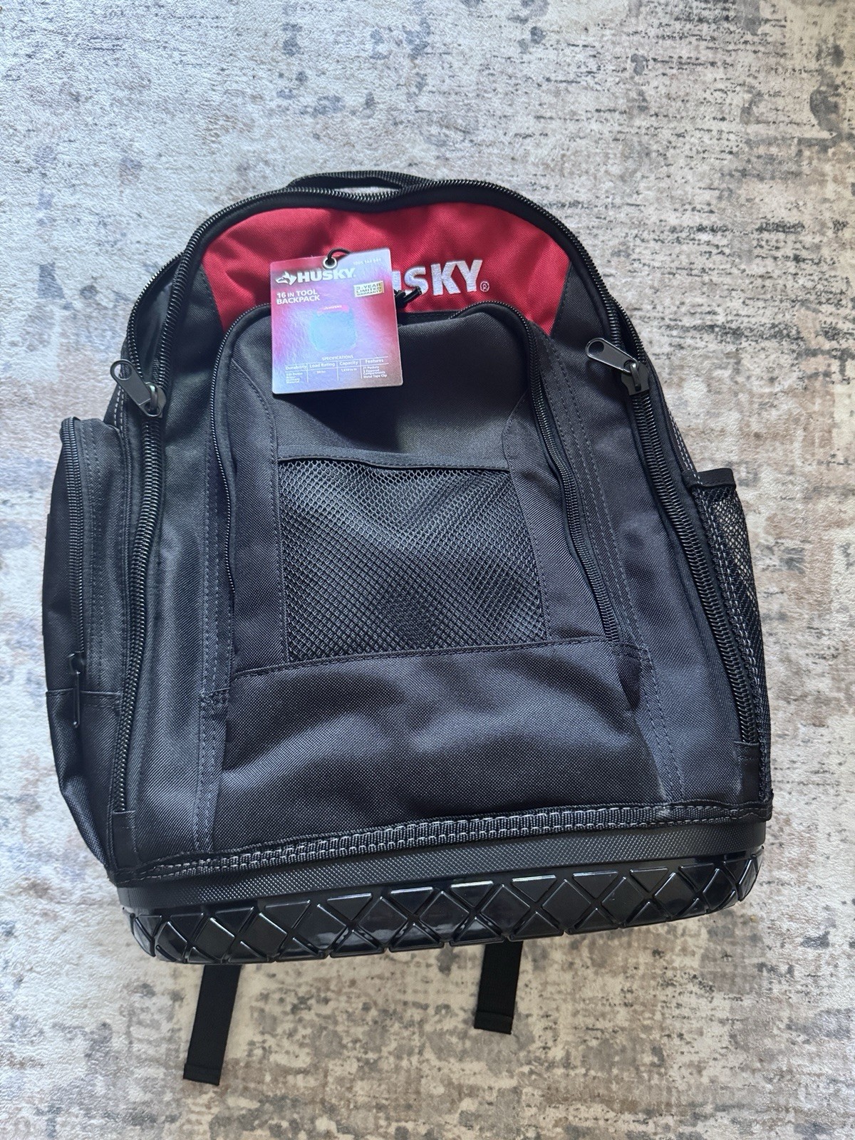Husky 16 in Tool Backpack Black/Red 600D 21 Pockets Waterproof Molded Base