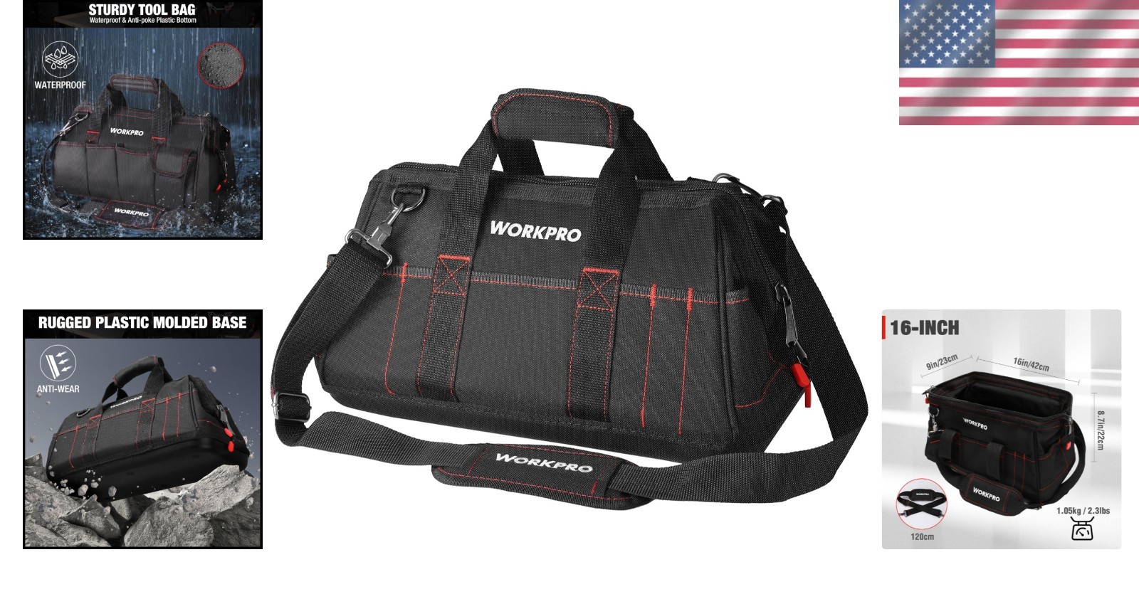 Black 16-Inch Multi-Pocket Tool Storage Bag with Adjustable Shoulder Strap