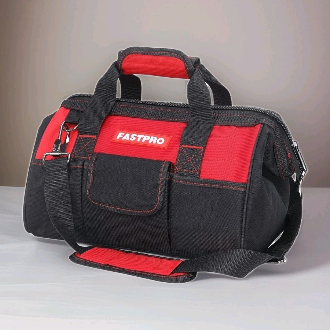 FASTPRO 14-Inch Zip-top Wide Mouth Open Storage Tool Bag, Classic Black & Red