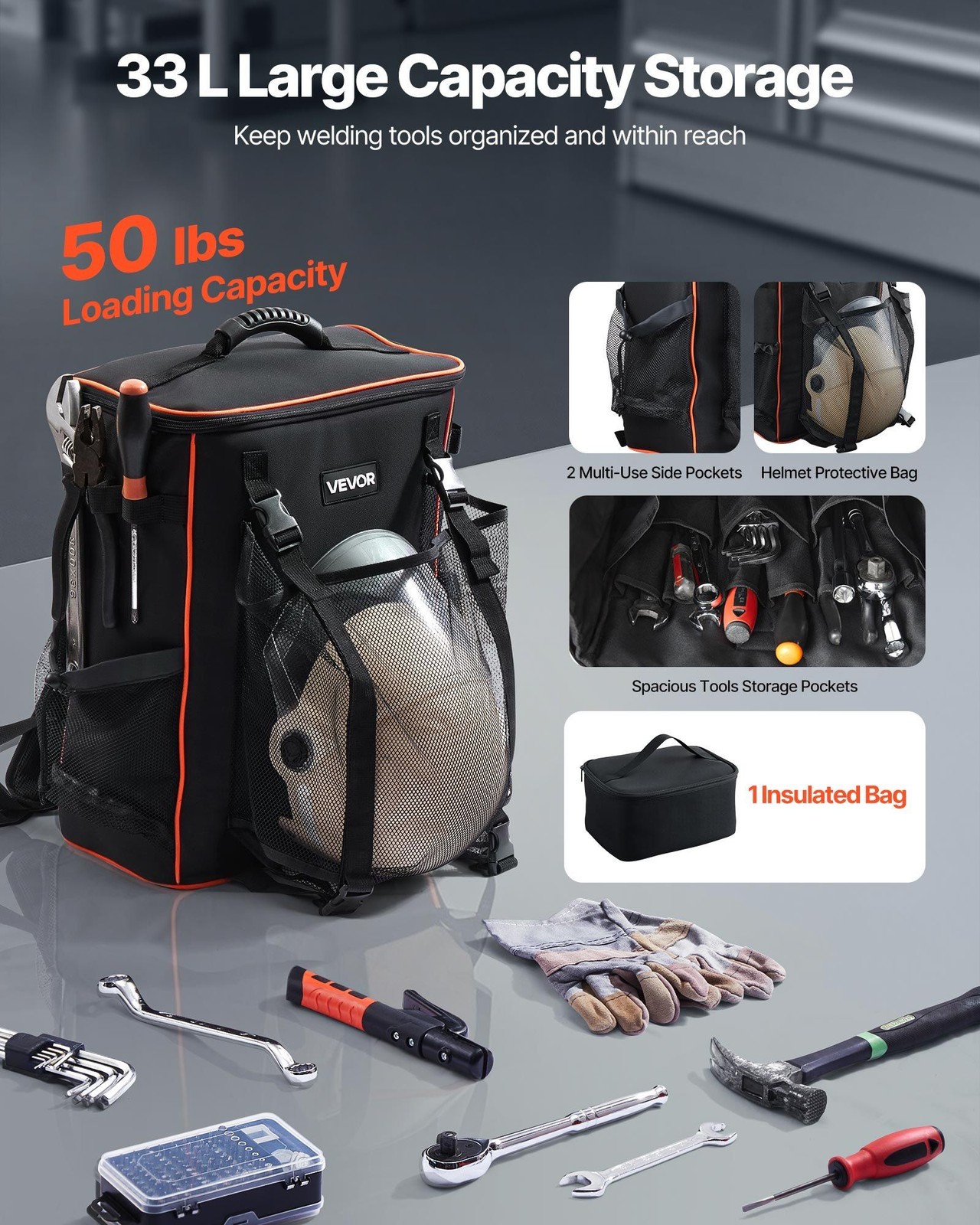 Portable Welder Backpack 35.6L 600D Polyester Built-in Helmet Holder