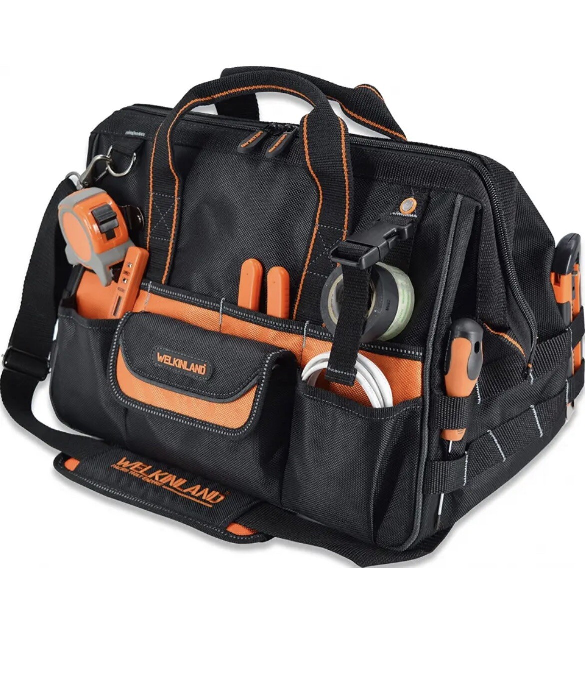 16″ Tool Bags, 34-Pockets Tools bag, Heavy Duty tool 16Inch, Black w/ Orange