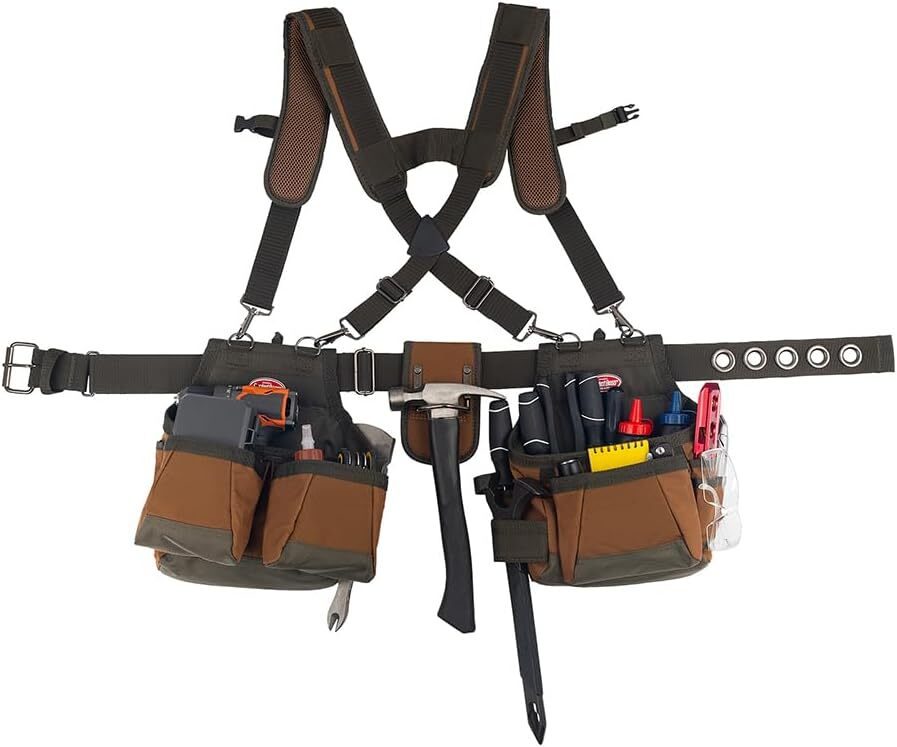 Bucket Boss Original AirLift Tool Belt Pouch with Suspenders with 12 pockets,52″