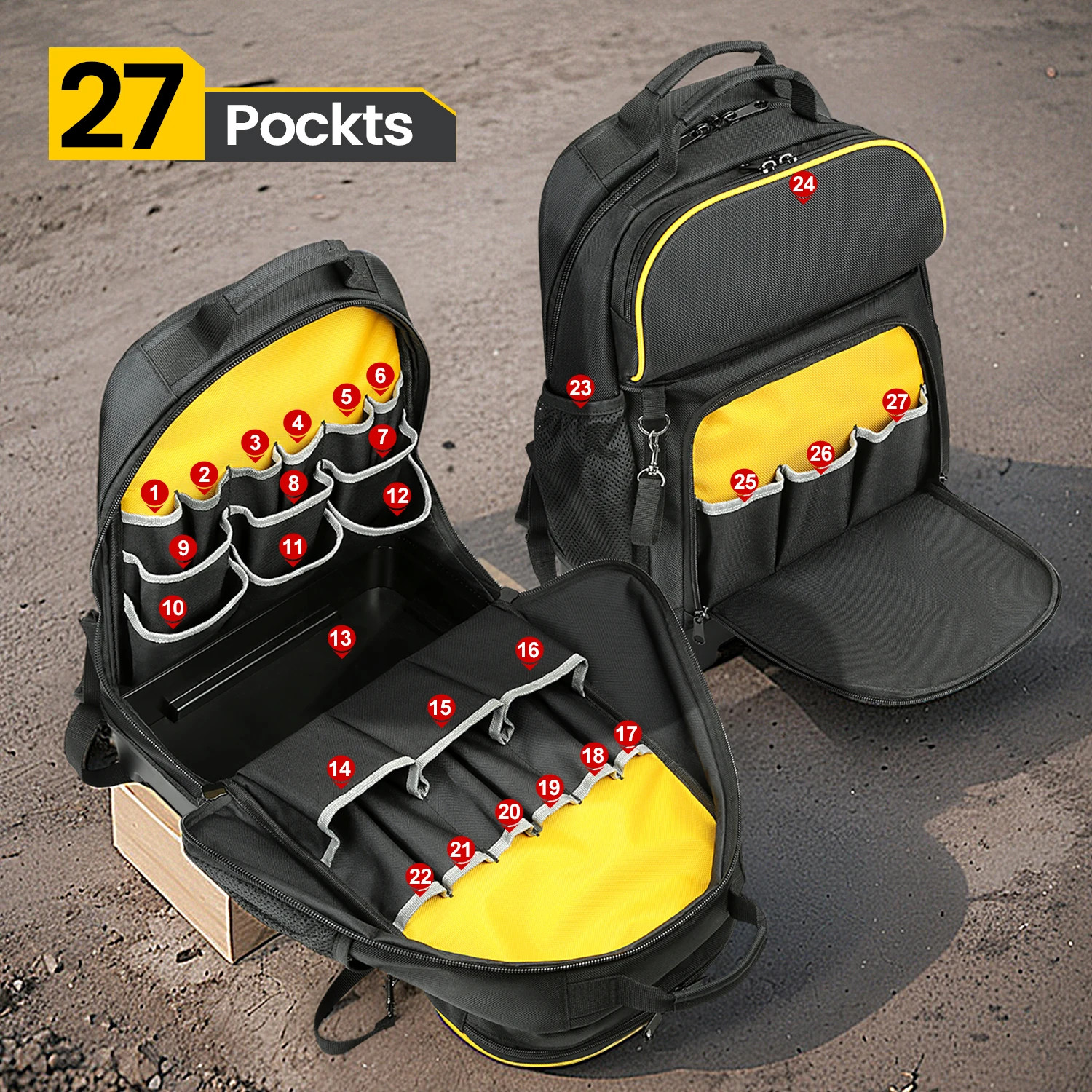 Heavy Duty Tool Backpack Waterproof Hard Base 27 Pockets Electrician Work Bag