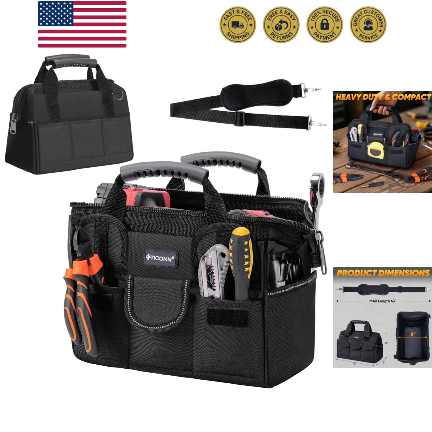 Heavy Duty Tool Bag with Multi-Pockets, Portable Tool Box Organizer Storage B…