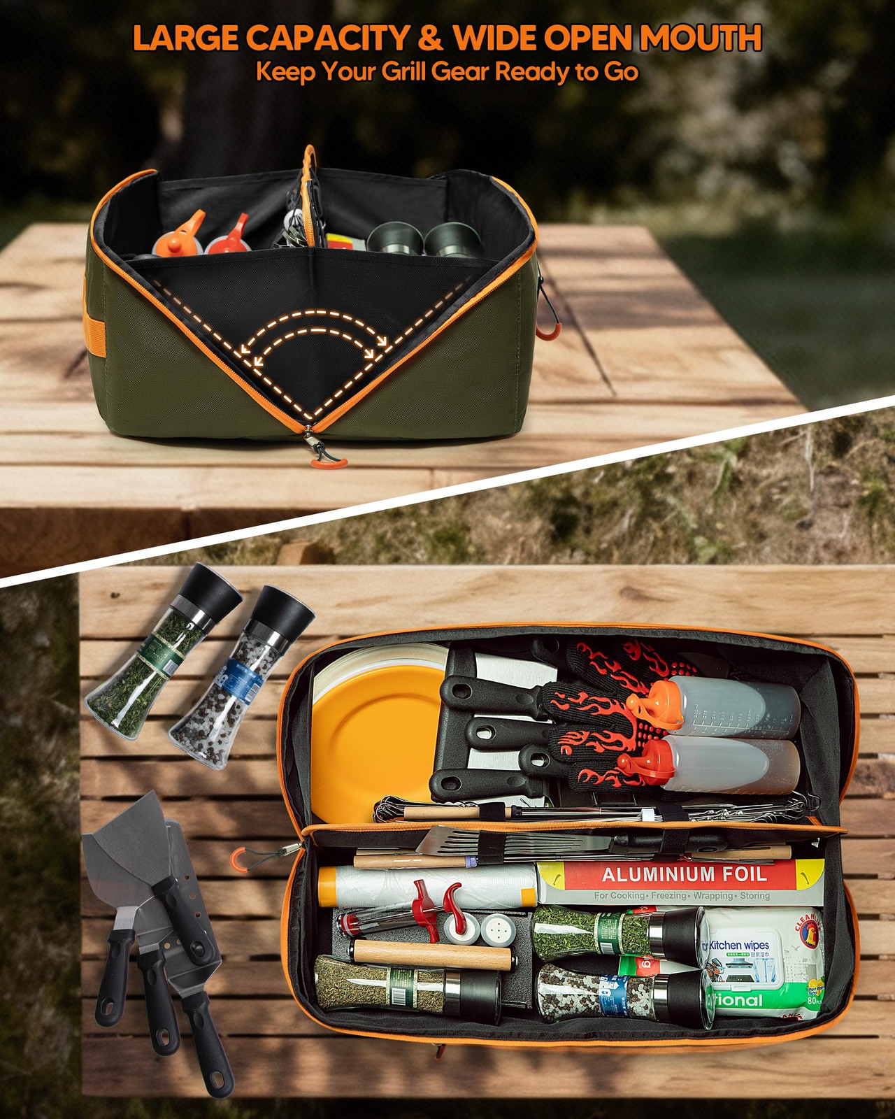 Marscamd 22″ Grill Tool Storage Bag Dual Inner Compartments Green