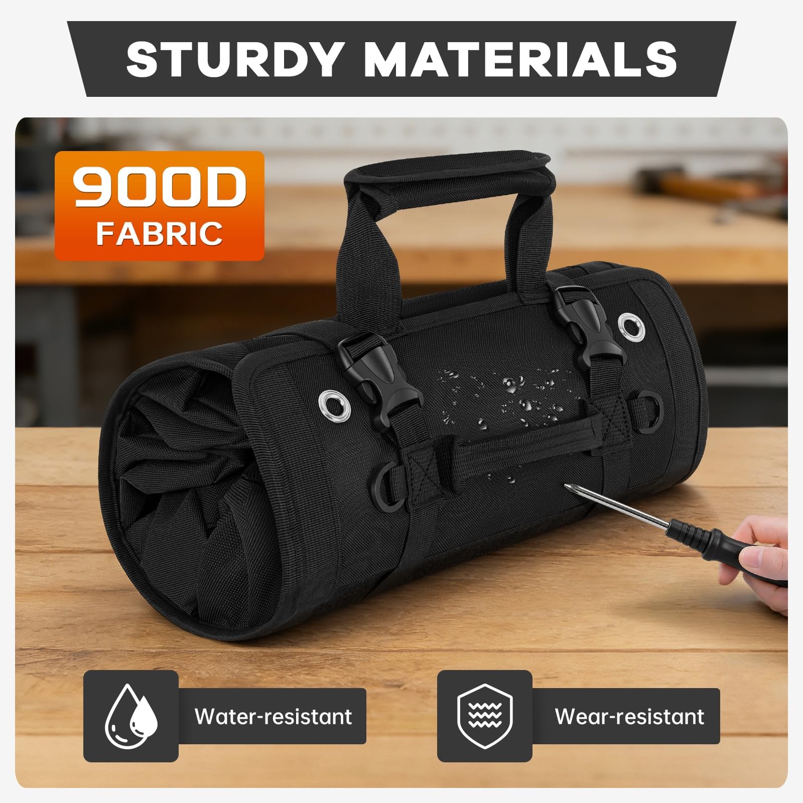 Black Standard Heavy Duty Roll Up Tool Bag Organizer 2 Detachable Pouch Garage